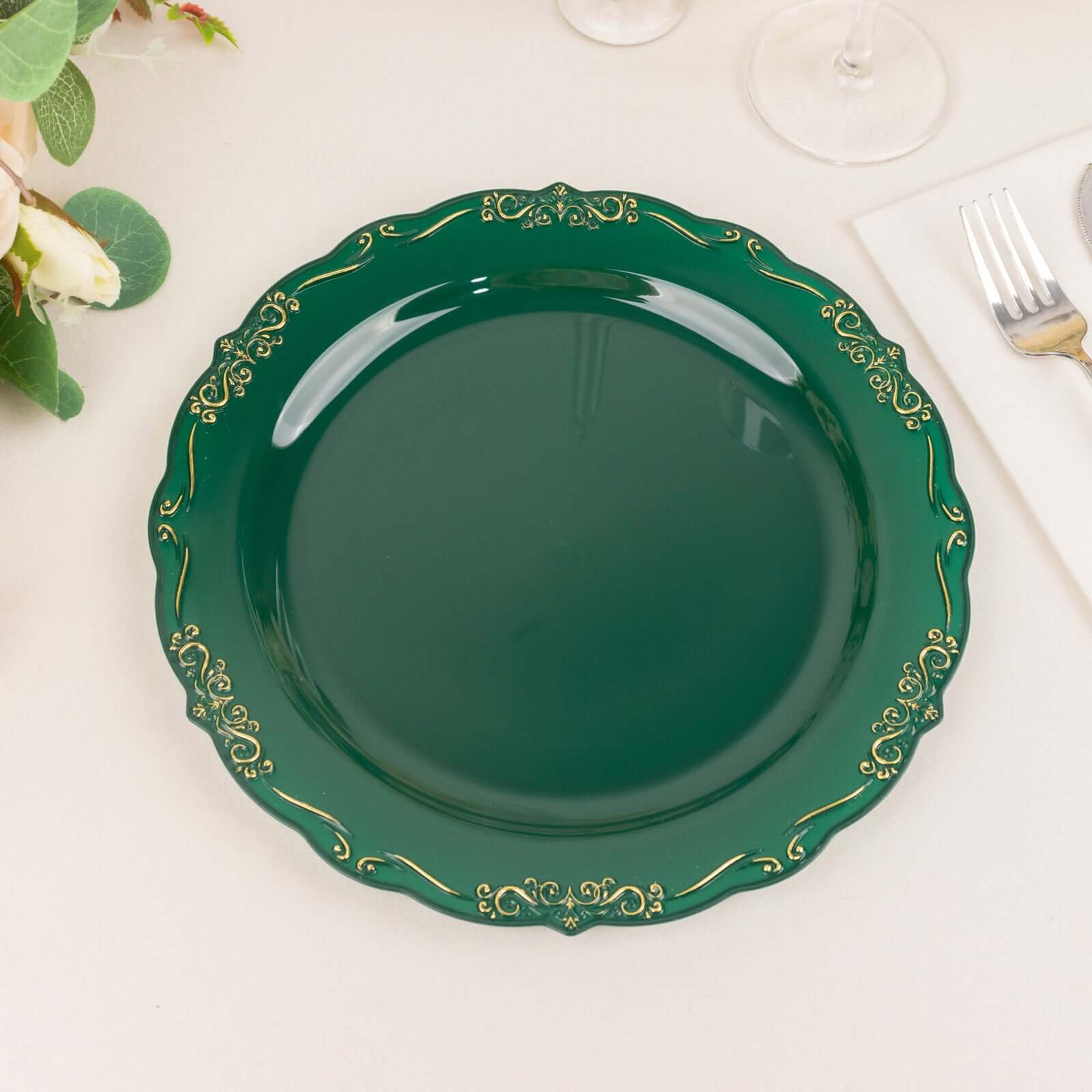 10-Pack Plastic 10" Round Dinner Plates in Hunter Emerald Green with Gold Vintage Embossed Rim - Sturdy Disposable Scalloped Edge Party Plates