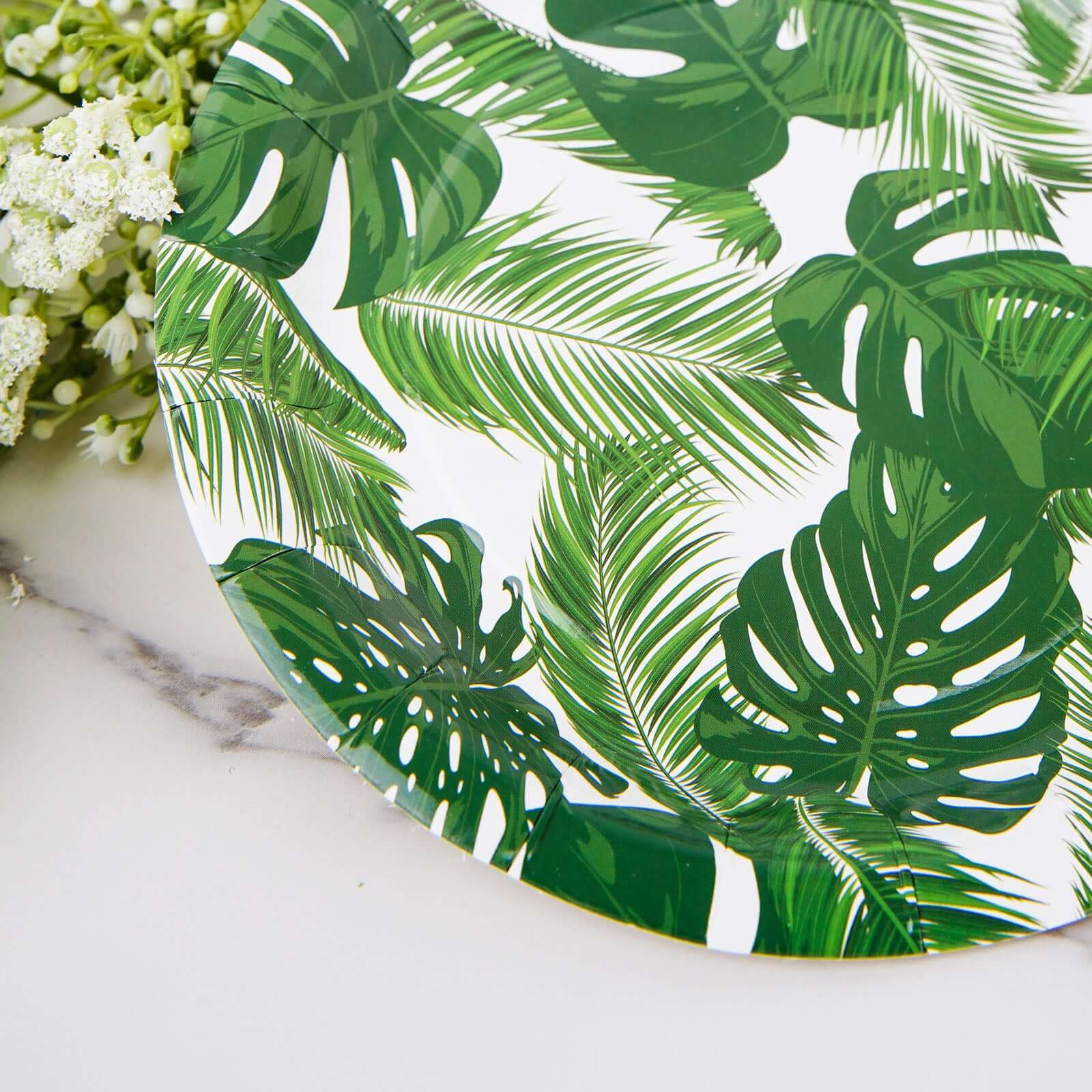 25-Pack Paper 9" Round Dinner Plates in White with Tropical Palm Leaf Design - Disposable 300GSM Party Plates for Luau & Summer Gatherings