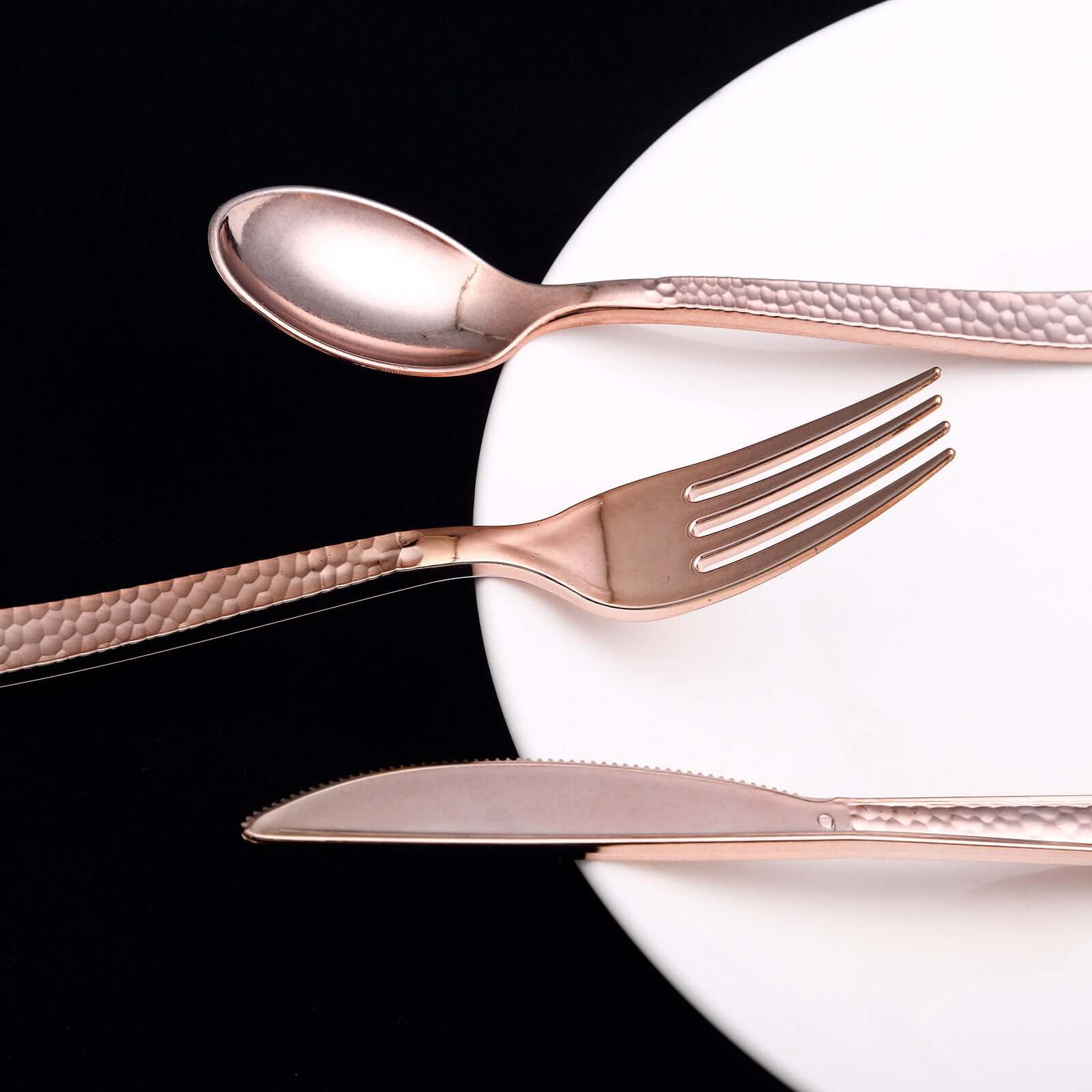 24-Pack Plastic Forks with Hammered Style Rose Gold - Heavy Duty Disposable Silverware 7"