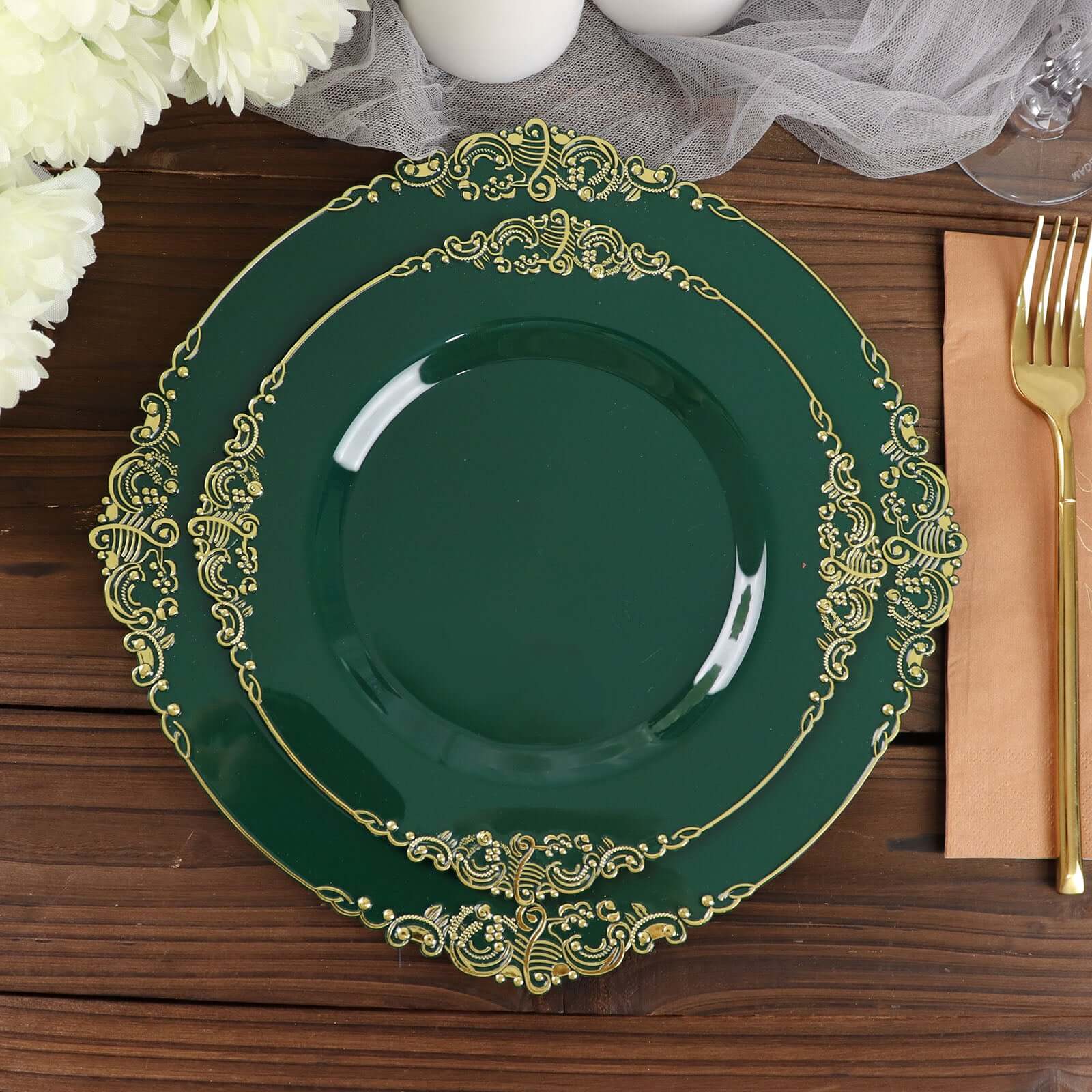 10-Pack Plastic 10" Round Dinner Plates in Hunter Emerald Green with Gold Leaf Embossed Rim - Disposable Vintage Baroque Style Plates