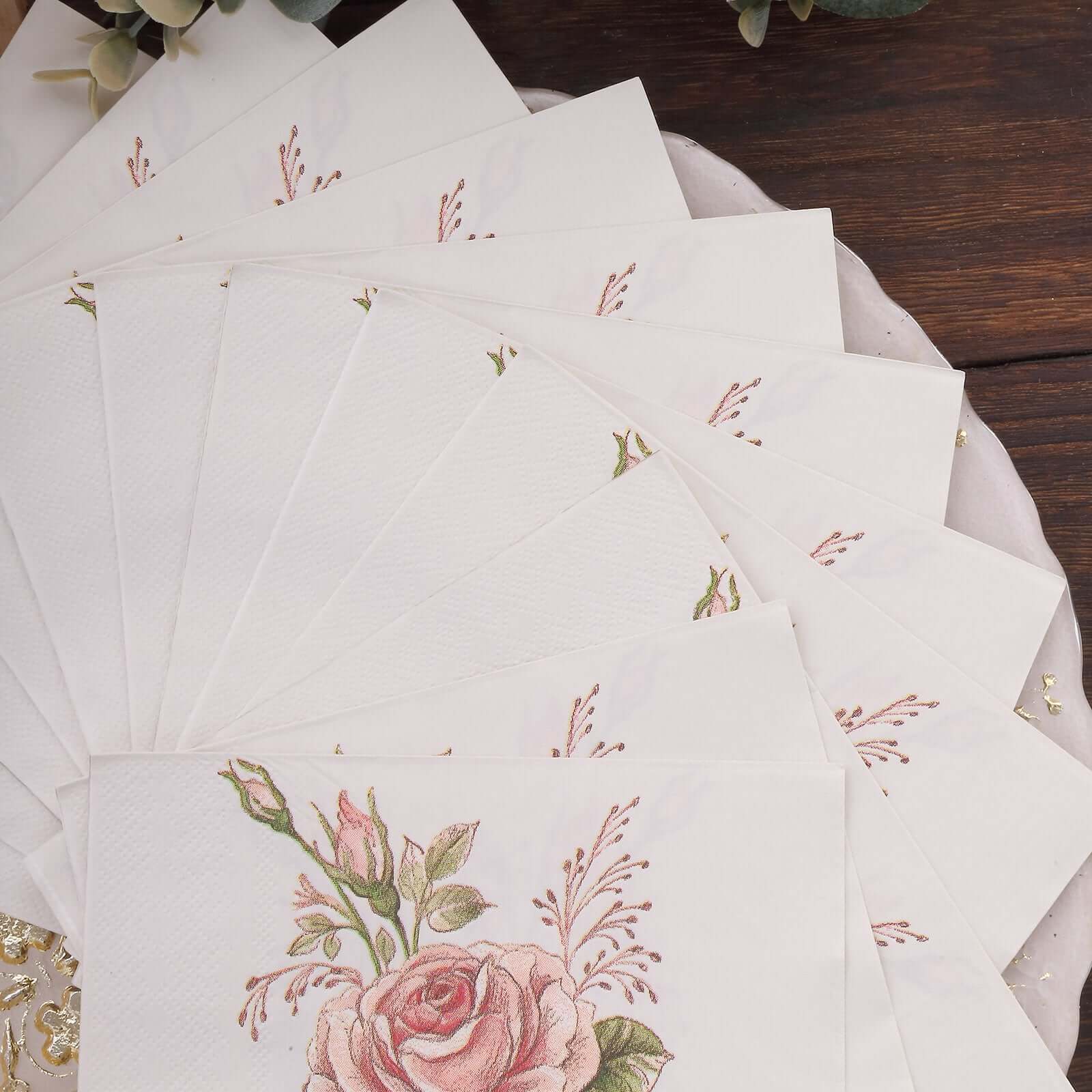 20-Pack Paper Beverage Napkins with Pink Floral Design Ivory - 2 Ply Soft 18GSM Rose Garden Wedding Napkins 6.5"x6.5"