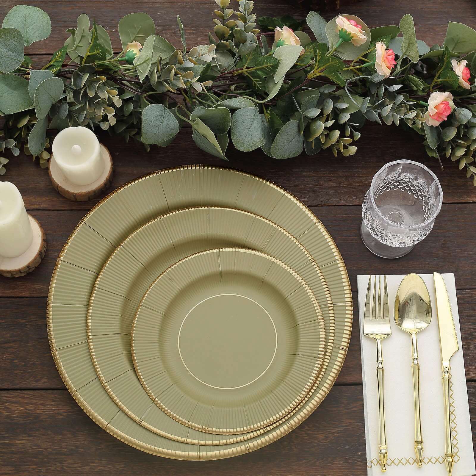 25-Pack Paper 8" Round Dessert Plates in Khaki Sunray Design with Gold Rim - Disposable Heavy Duty 350GSM Appetizer Salad Plates