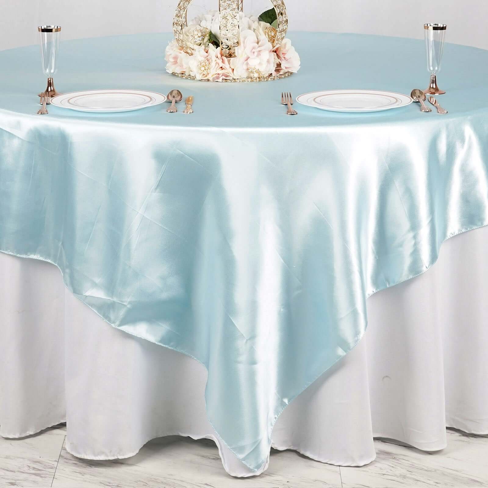 Satin 90"x90" Table Overlay Square Tablecloth Light Blue - Smooth Finish Table Topper