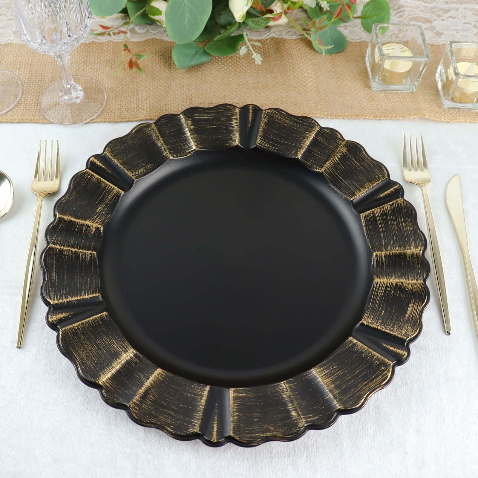 6-Pack Acrylic Plastic Round Charger Plates 13" in Matte Black with Gold Brushed Wavy Scalloped Rim, Decorative Dinner Party Charger Tableware