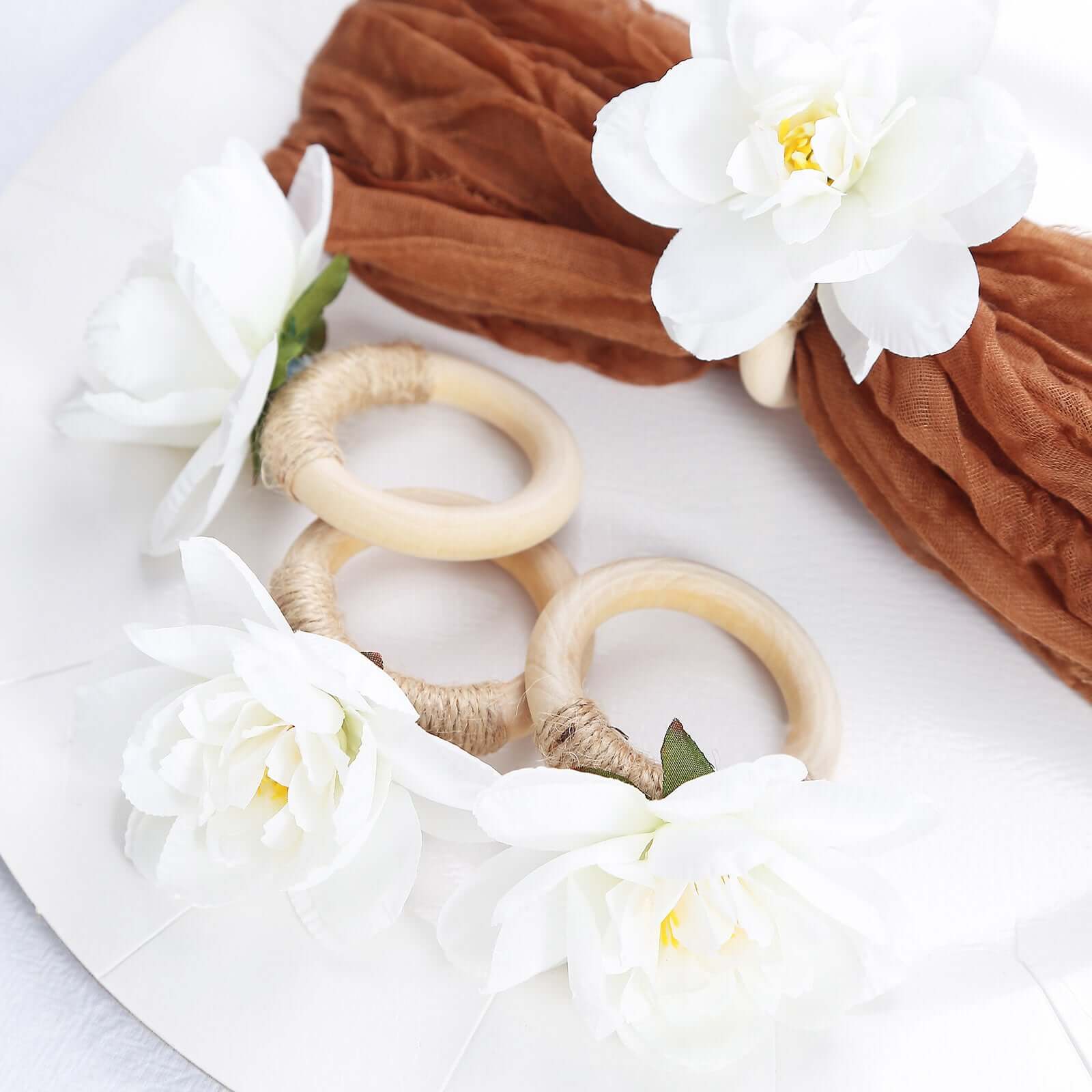 4 Pack White Silk Jasmine Flower Napkin Rings with Wooden Holder, Rustic Boho Serviette Buckles with Artificial Flowers