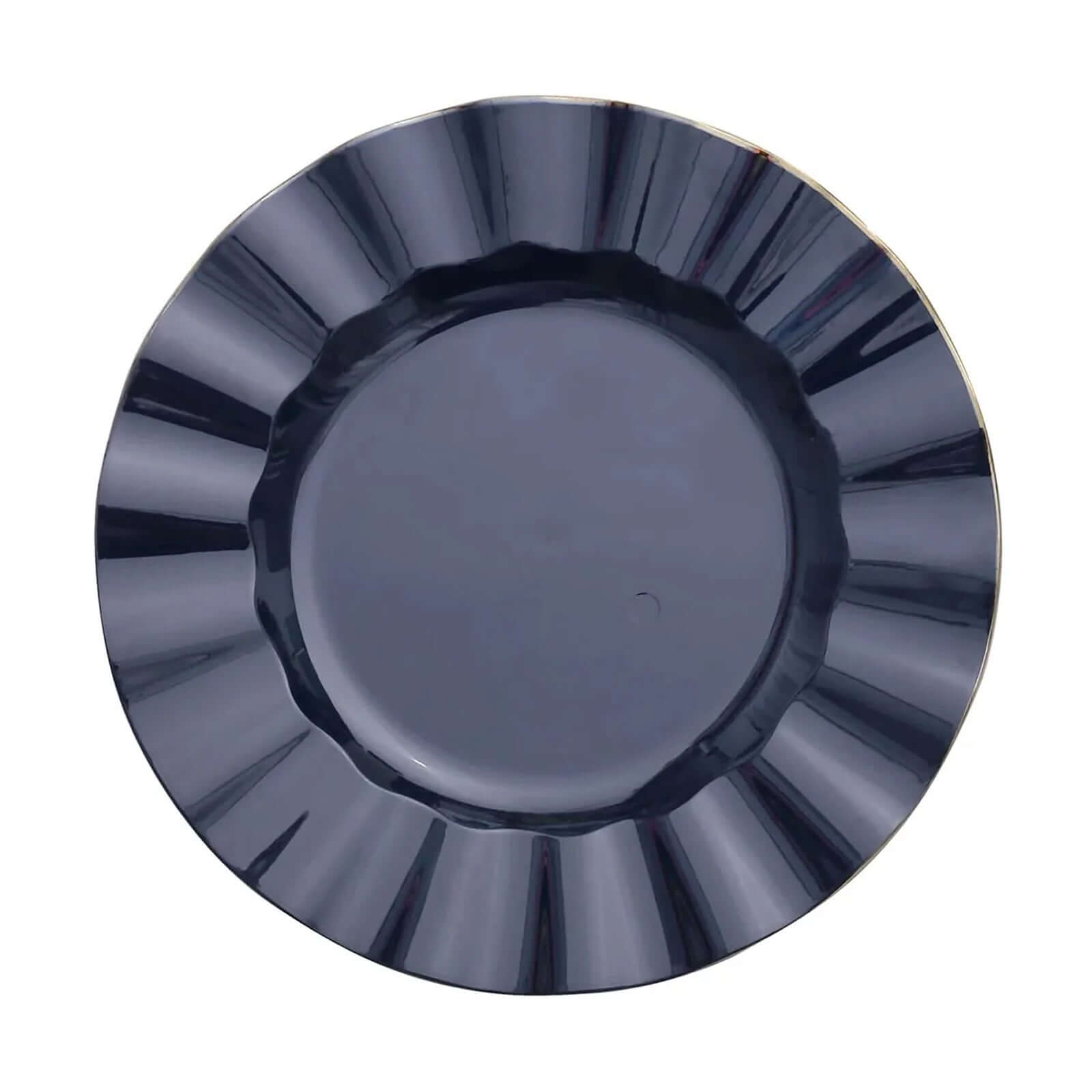 10-Pack Plastic 9" Round Dinner Plates in Navy Blue Ruffled Rim with Gold Edging - Sturdy Disposable Dinnerware