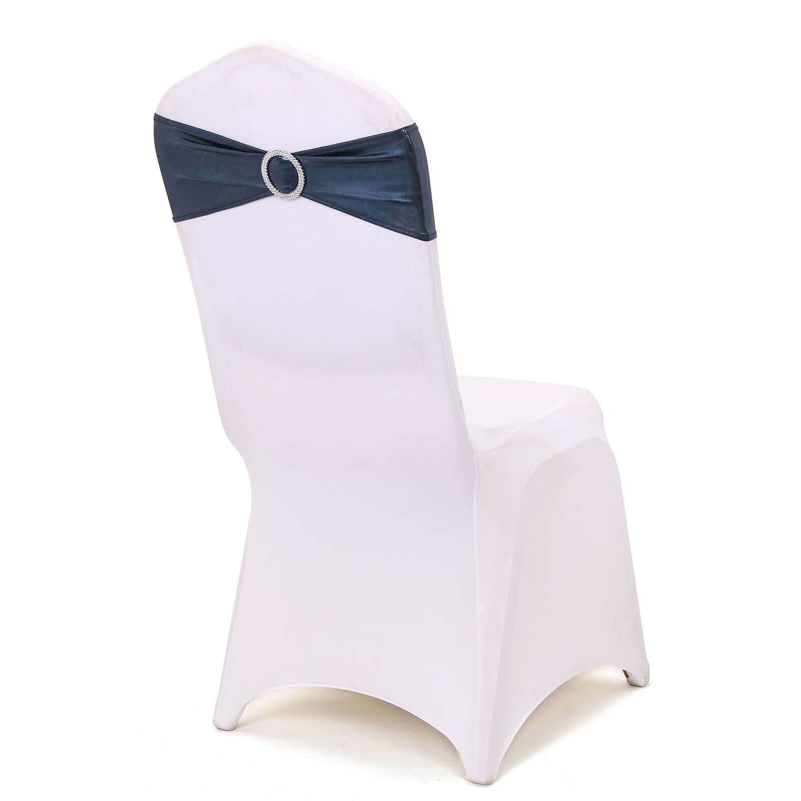 5 Pack Metallic Spandex Chair Sashes Navy Blue - Stretch Fit Chair Bands With Round Diamond Buckles