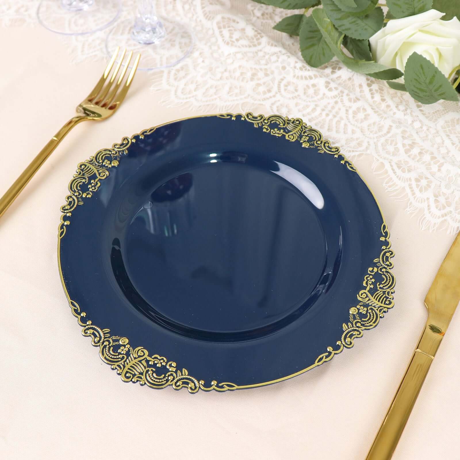 10-Pack Plastic 8" Round Dessert Plates in Navy Blue with Gold Leaf Embossed Rim - Disposable Vintage Baroque Style Salad Plates