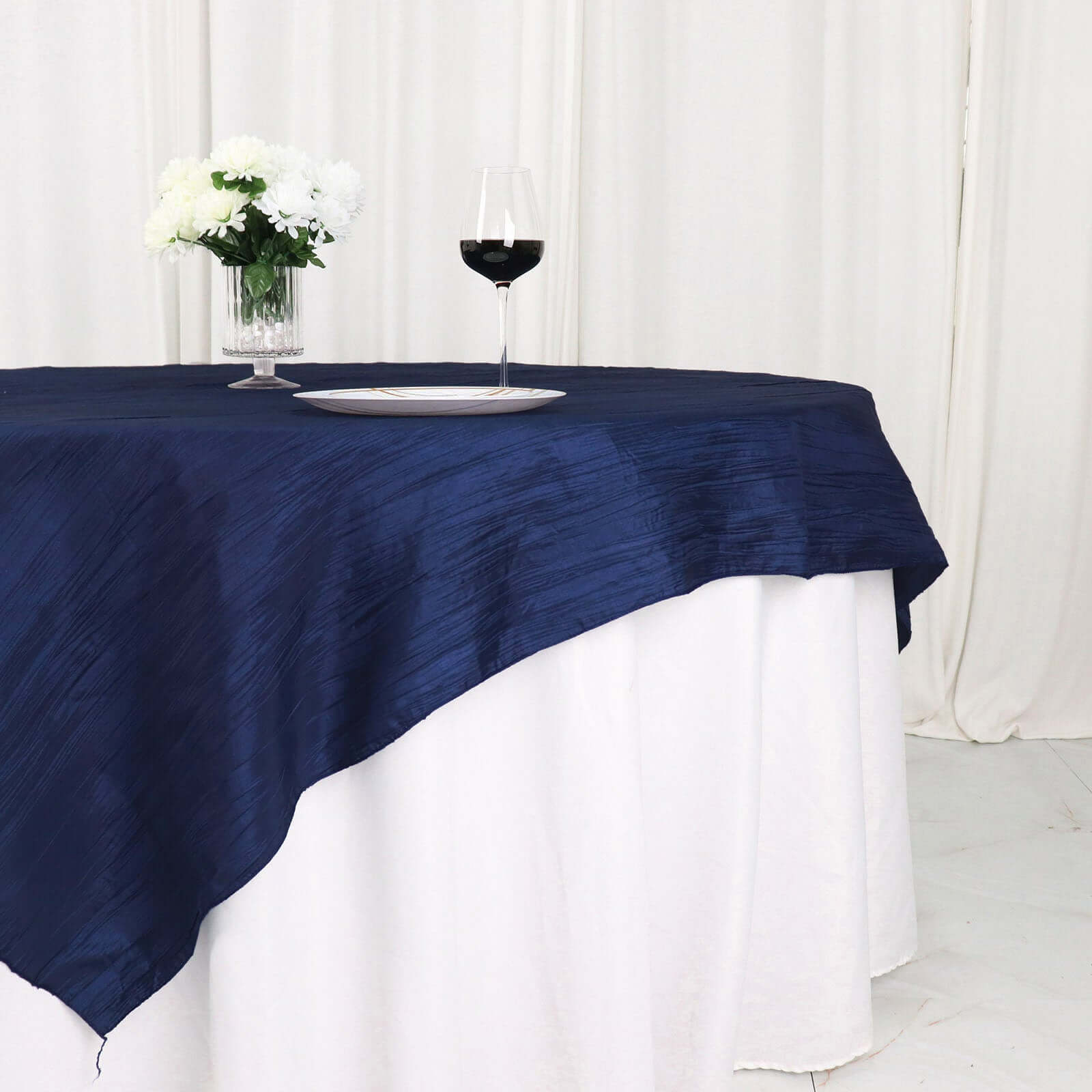 Taffeta 72"x72" Table Overlay Square Tablecloth Navy Blue - Accordion Crinkle Table Cover