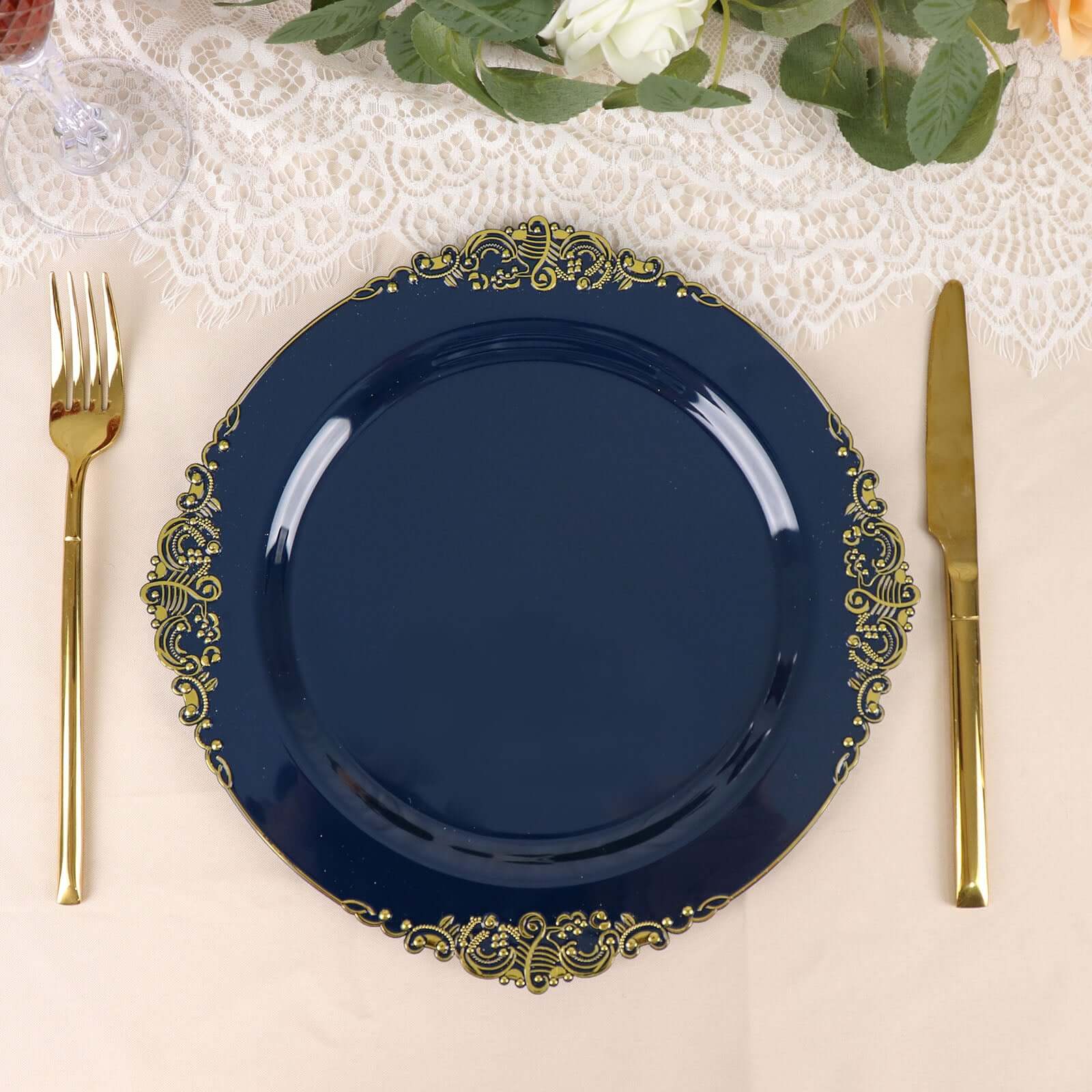 10-Pack Plastic 10" Round Dinner Plates in Navy Blue with Gold Leaf Embossed Rim - Disposable Vintage Baroque Style Plates