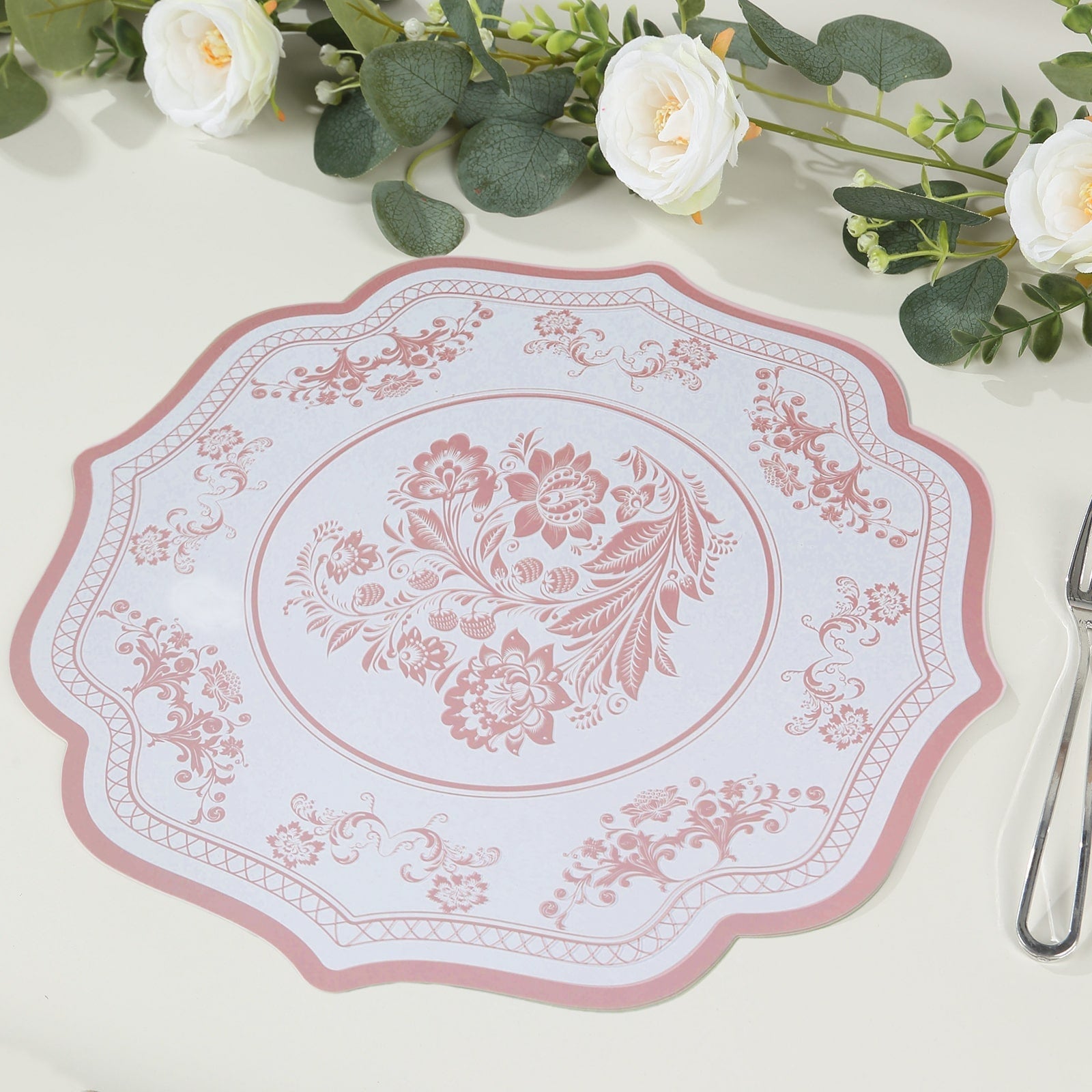 10-Pack Disposable Table Placemats 13" Round Placemats in White with Pink Damask Floral Pattern & Scalloped Rim - 400GSM Cardboard Placemats for Stylish Table Setting