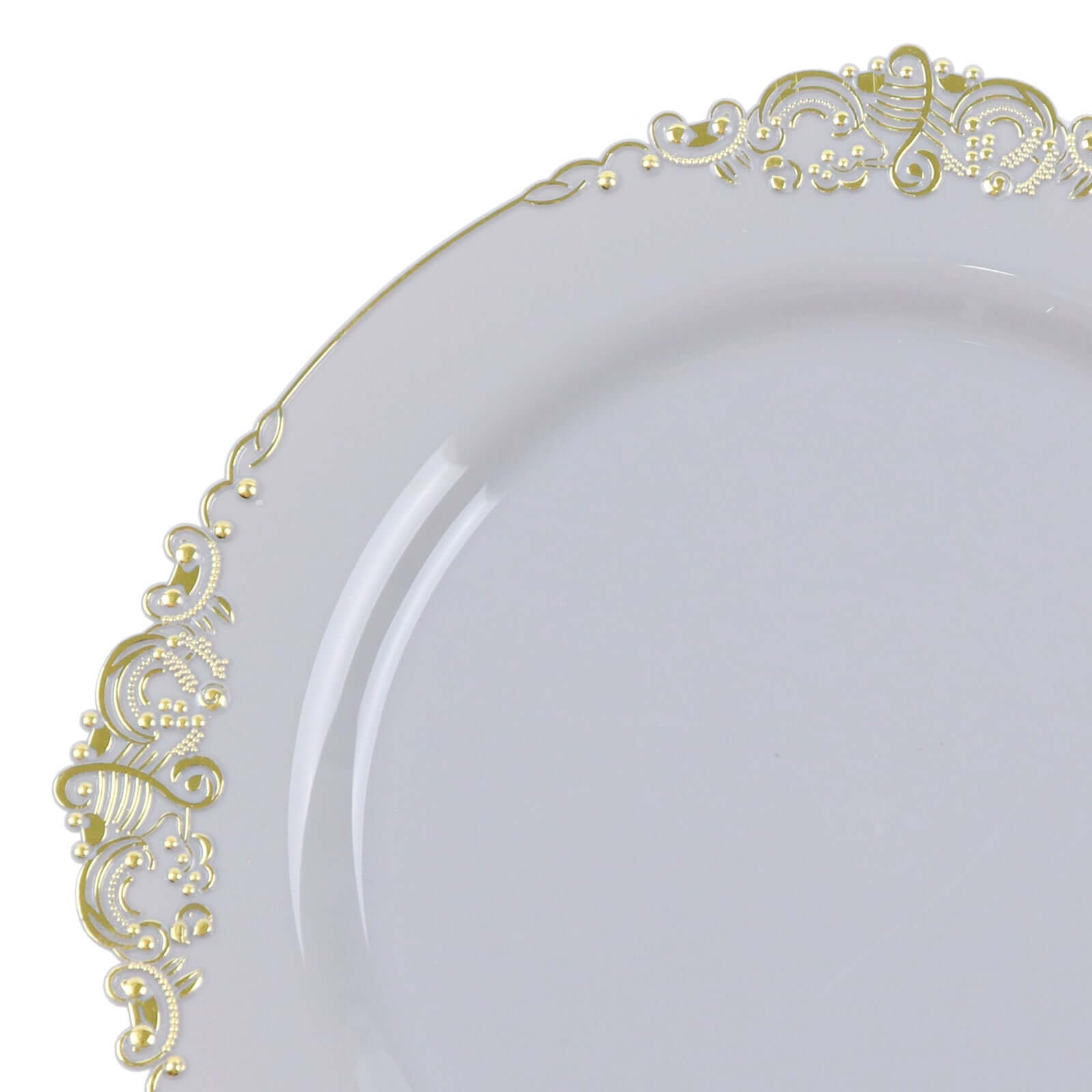 10-Pack Plastic 8" Round Dessert Plates in Gray with Gold Leaf Embossed Rim - Disposable Vintage Baroque Style Salad Plates