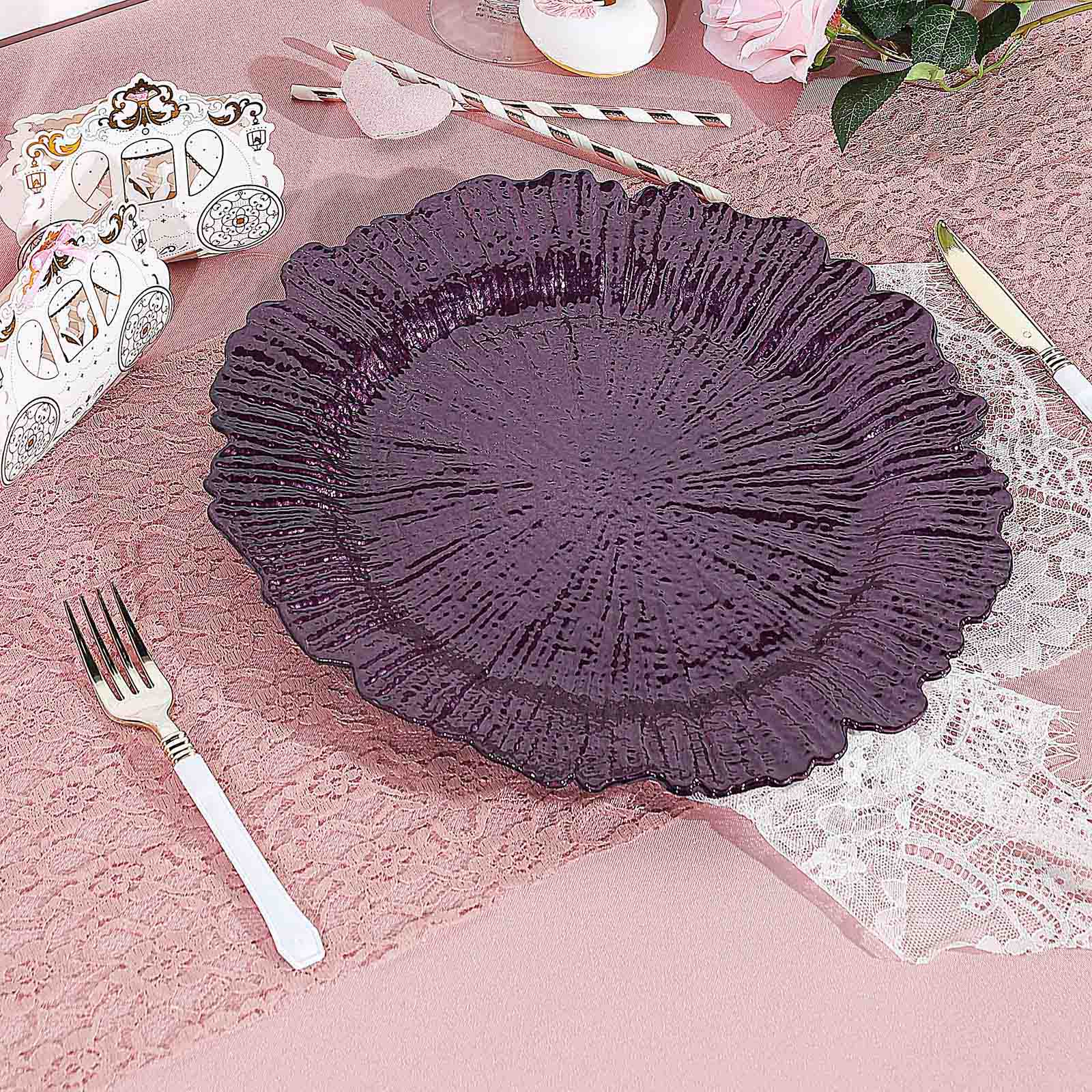 6-Pack Acrylic Plastic Round Charger Plates 13" in Purple with Reef Design, Dinner Charger Tableware