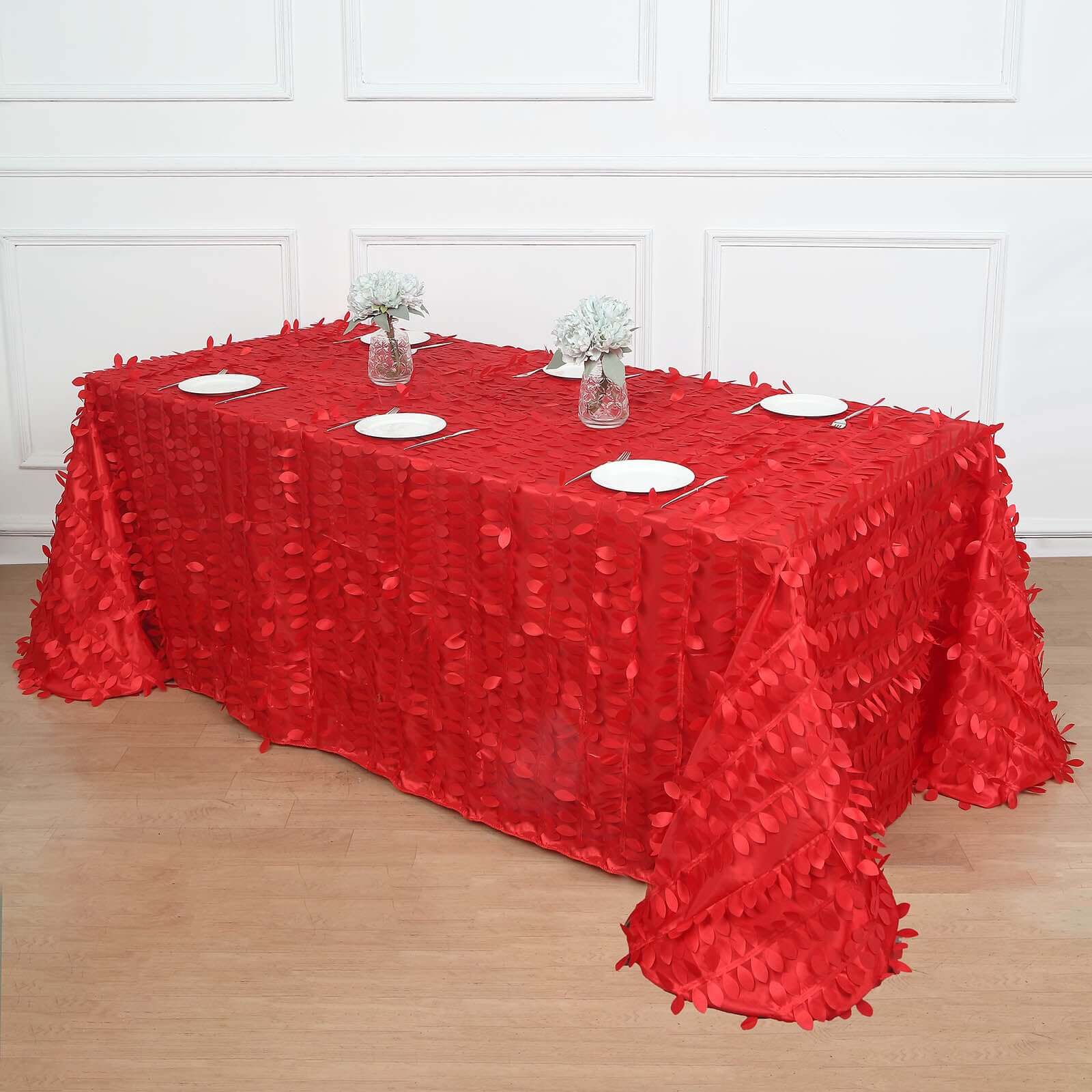 Taffeta 90"x156" Rectangle Tablecloth Red | 3D Leaf Petal Design Seamless Table Cover
