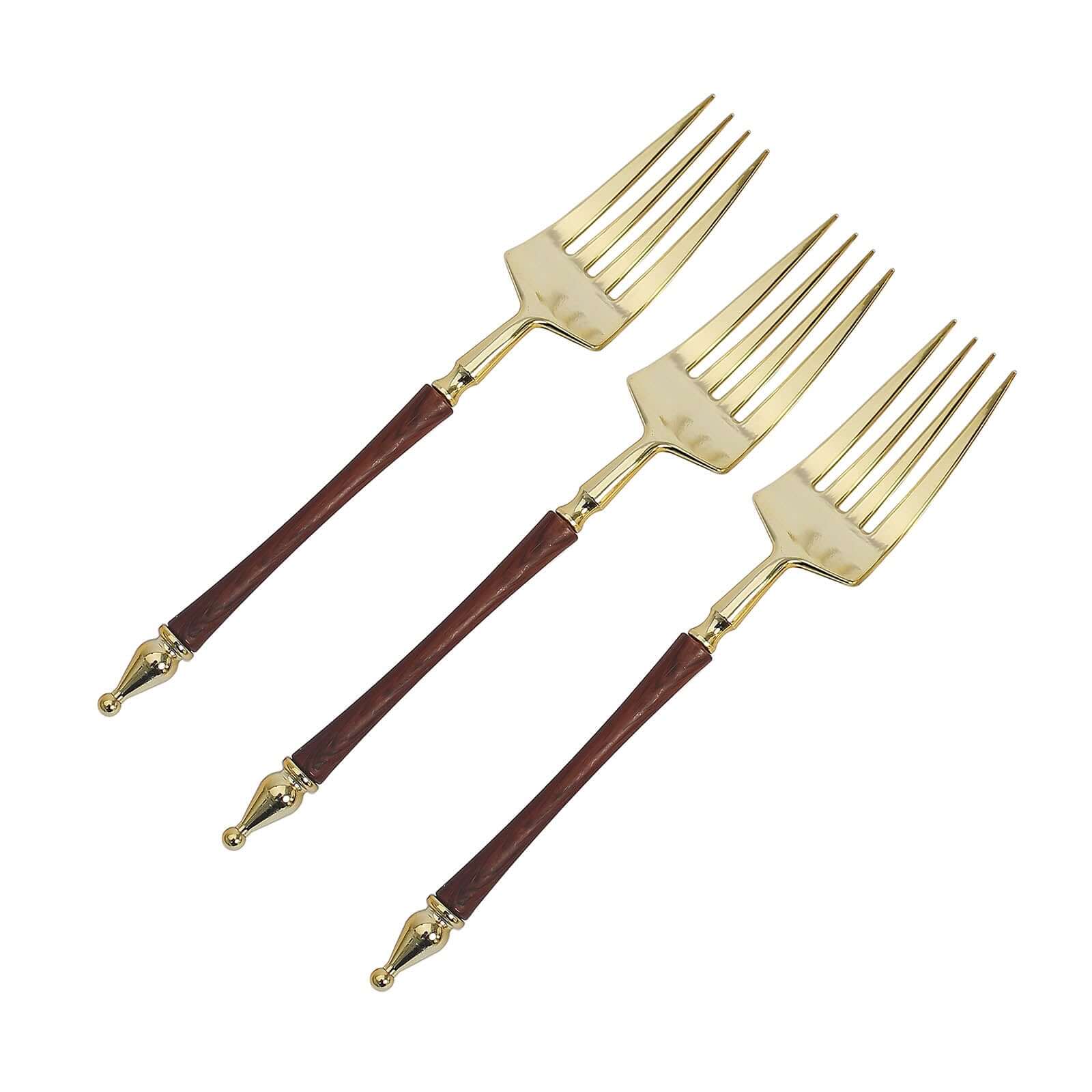24-Pack Plastic Dessert Forks with Roman Column Handle Gold/Brown - European Style Disposable Utensils 6"
