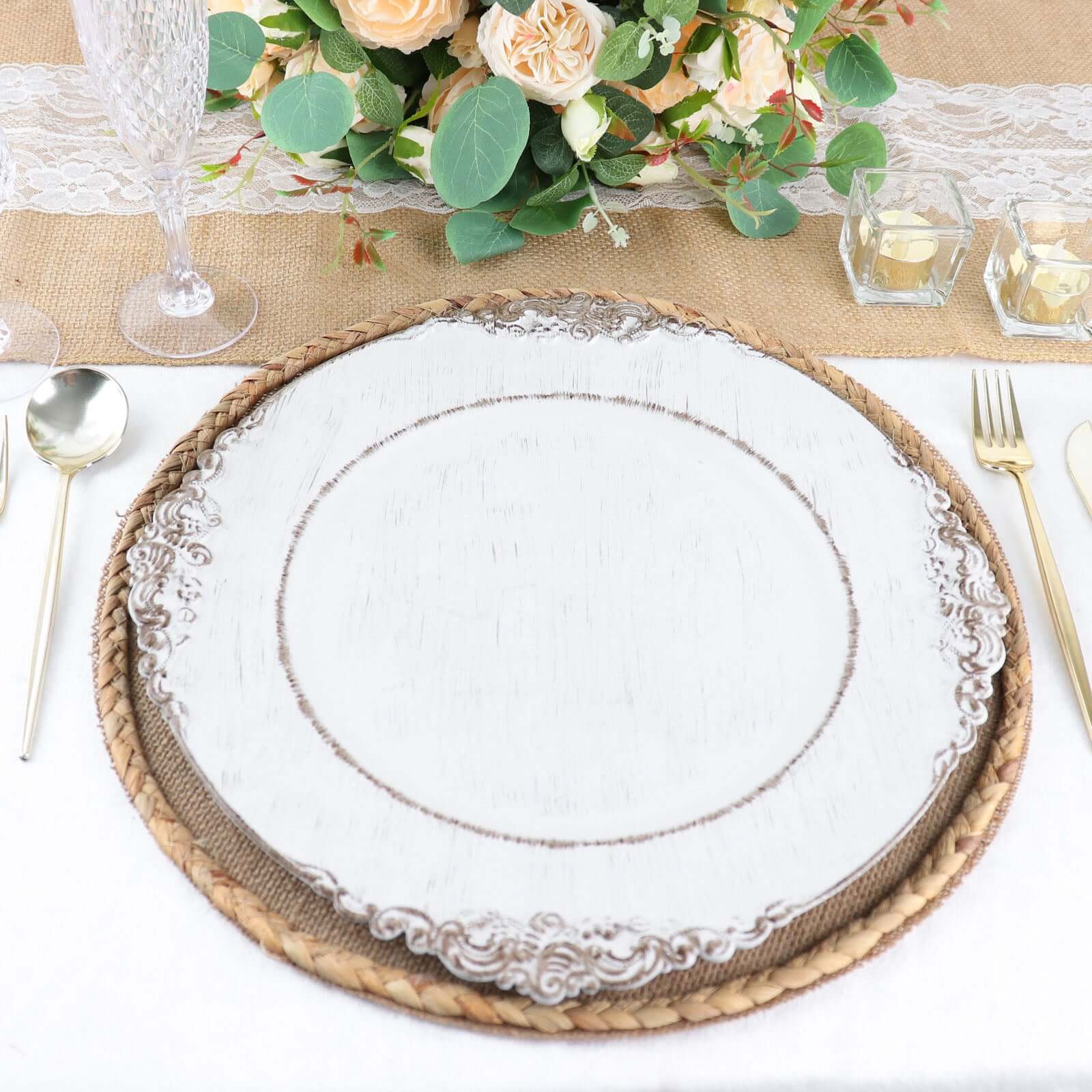 4-Pack Placemats Braided Edge Design Natural Burlap Jute Round - Rustic Farmhouse Style with Trim 15"