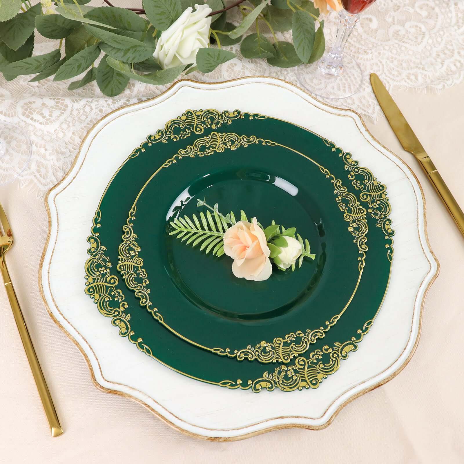 10-Pack Plastic 8" Round Dessert Plates in Hunter Emerald Green with Gold Leaf Embossed Rim - Disposable Vintage Baroque Style Salad Plates