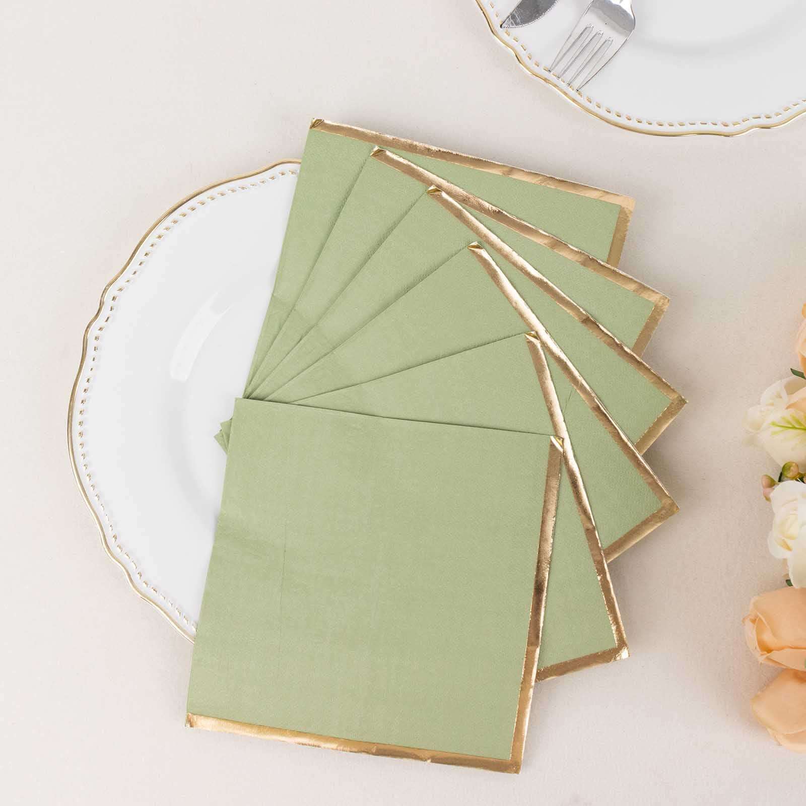 50-Pack Paper Beverage Napkins with Gold Foil Edge Sage Green - Disposable 2 Ply Cocktail Napkins for Events 6.5"x6.5"