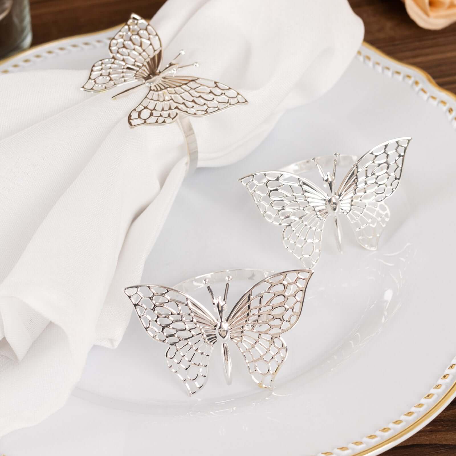 4 Pack Silver Metal Butterfly Napkin Rings, Decorative Laser Cut Cloth Napkin Holders