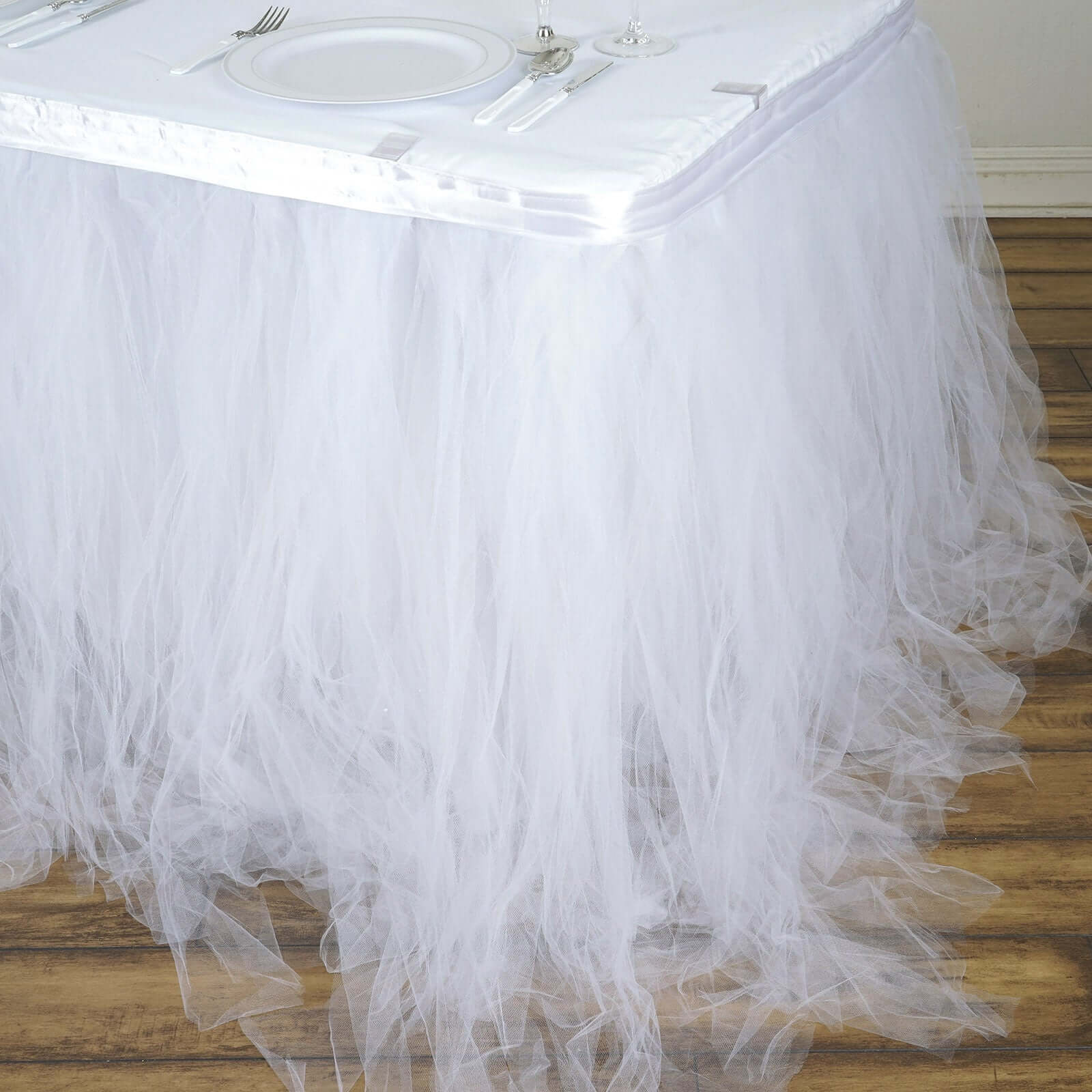Tulle 21ft Table Skirt White - 4 Layer Pleated Tutu Chic & Soft Event Table Cover