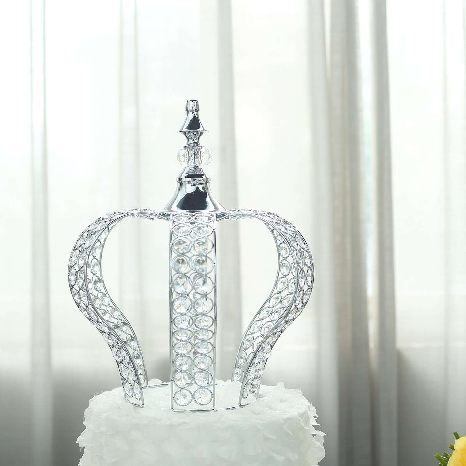 Crystal-Bead Royal Crown Cake Topper Metallic Silver - Dazzling Cake Centerpiece Decor for Luxurious Birthdays Receptions & Romantic Celebrations 14"