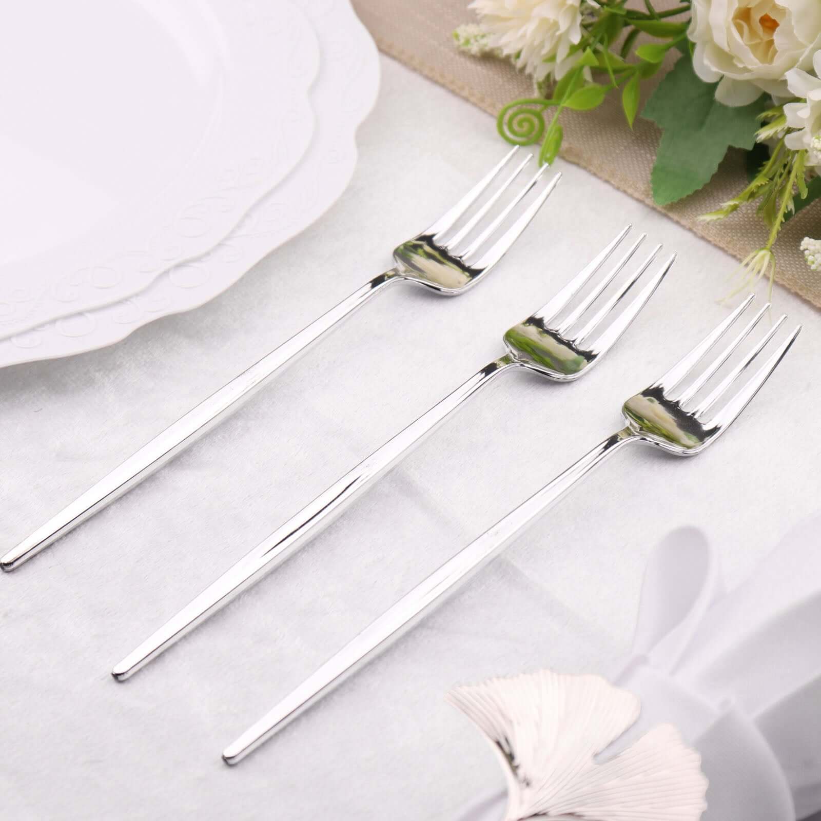 24 Pack 8" Glossy Silver Heavy Duty Plastic Silverware Forks, Shiny Cutlery, Premium Disposable Flatware