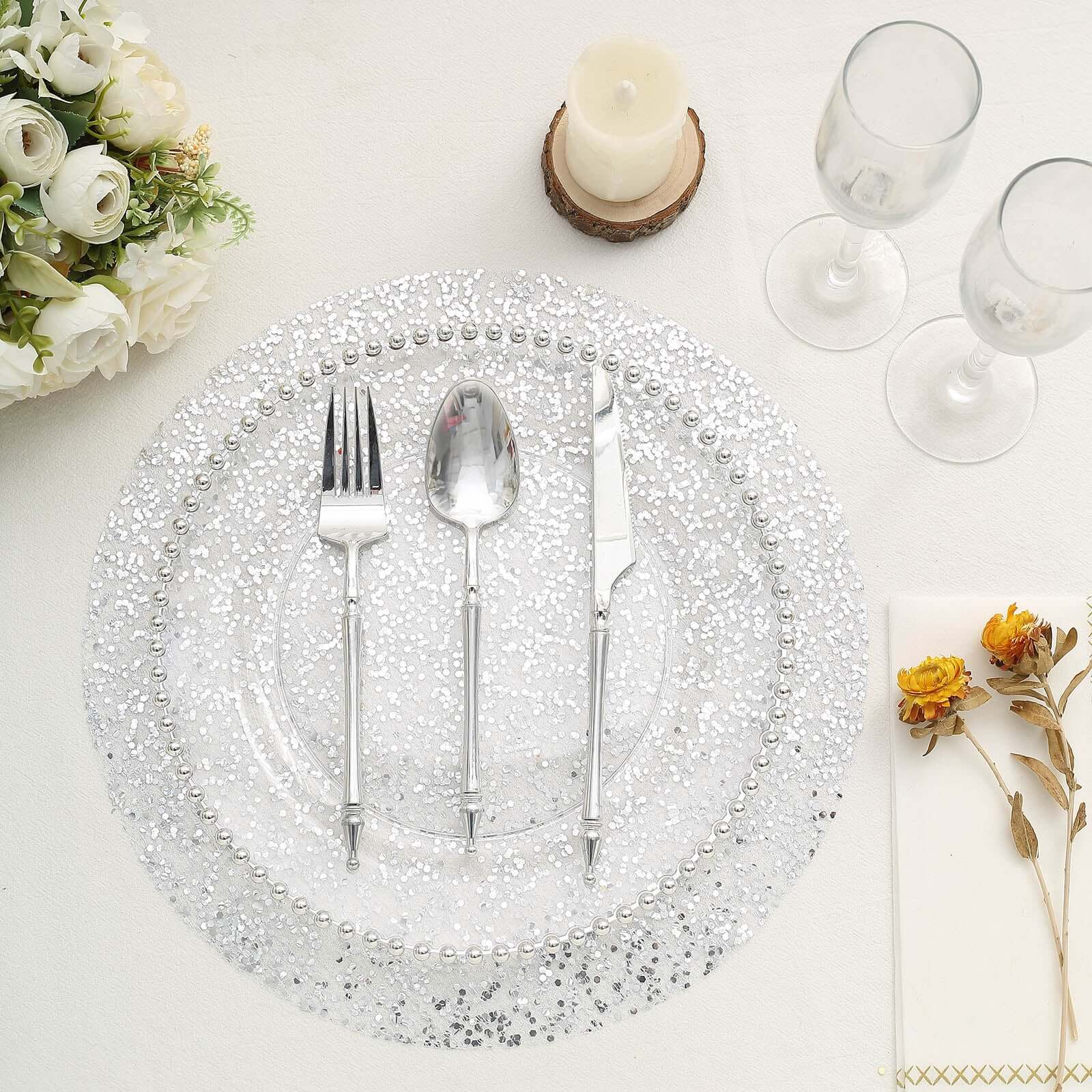 10-Pack Table Placemats Sequin Design Metallic Silver Round - Mesh Disposable Dust-Free Dining Mats 13"