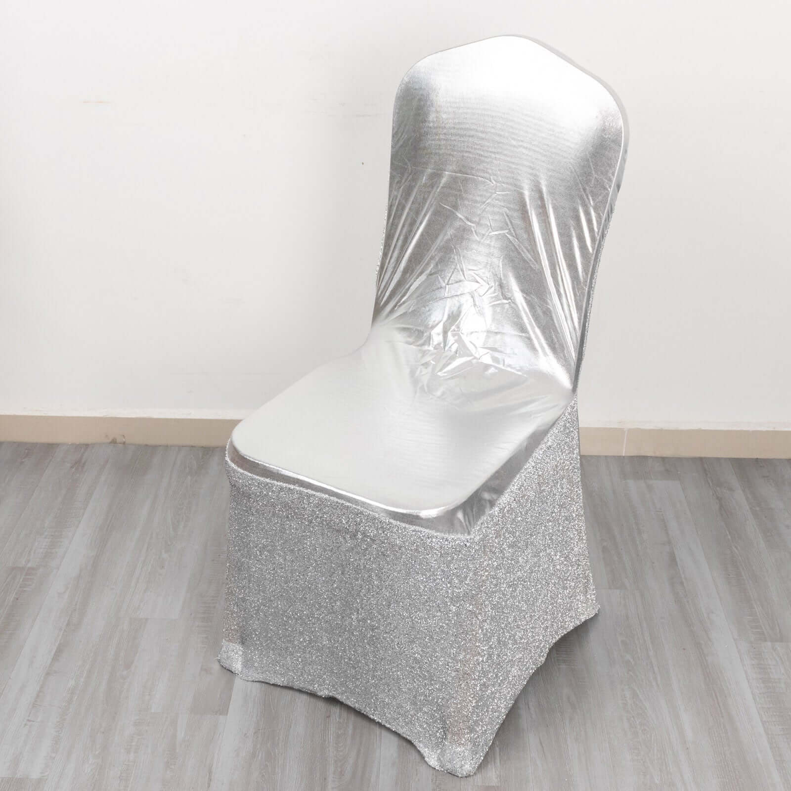 Spandex Banquet Chair Cover Metallic Silver Tinsel with Sash and Rhinestone Buckle - Shimmering Fitted Slipcover