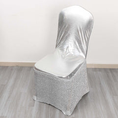Spandex Banquet Chair Cover Metallic Silver Tinsel with Sash and Rhinestone Buckle - Shimmering Fitted Slipcover