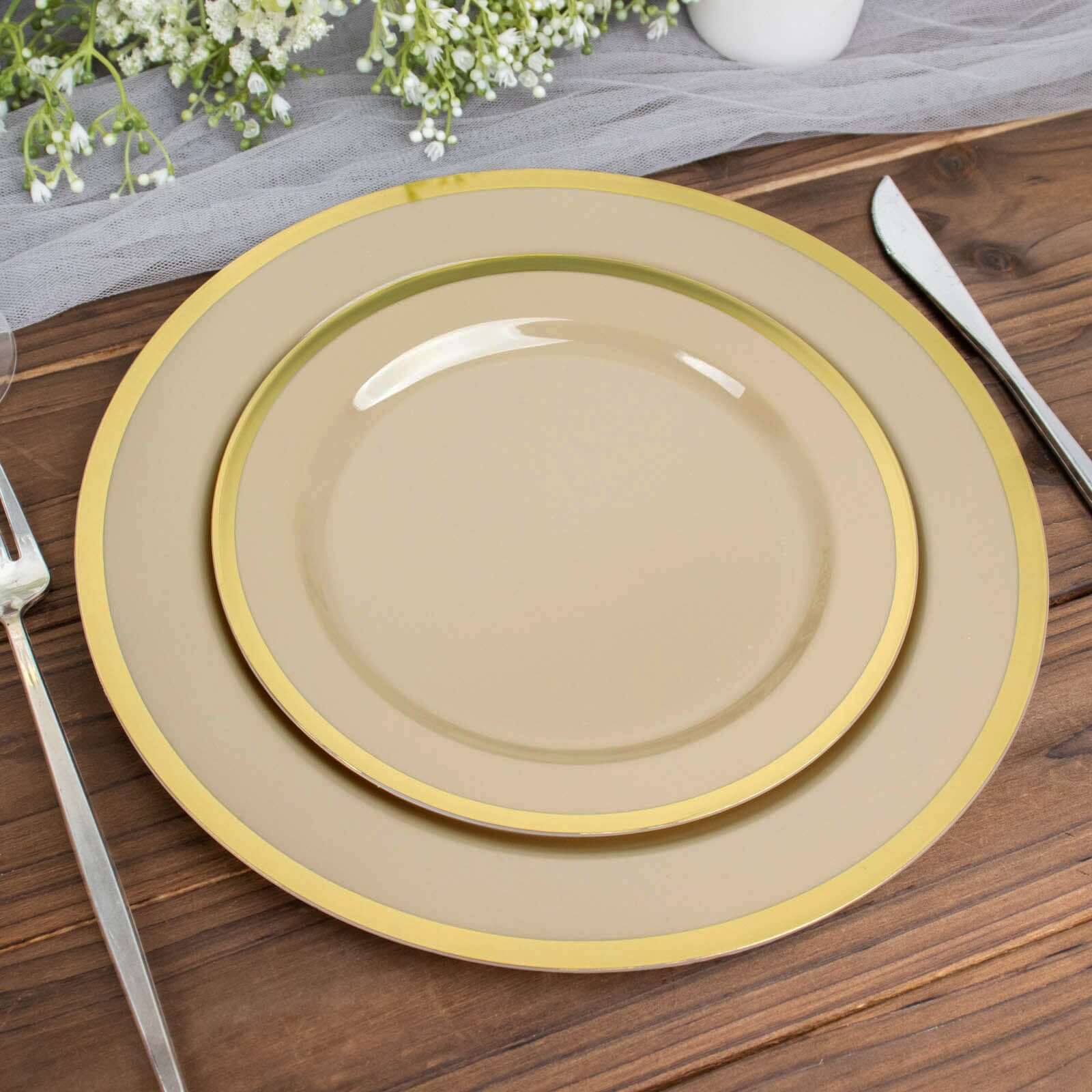 10-Pack Plastic 7" Round Appetizer Plates in Taupe with Gold Rim - Sleek Disposable Salad Plates for Banquets & Special Occasions