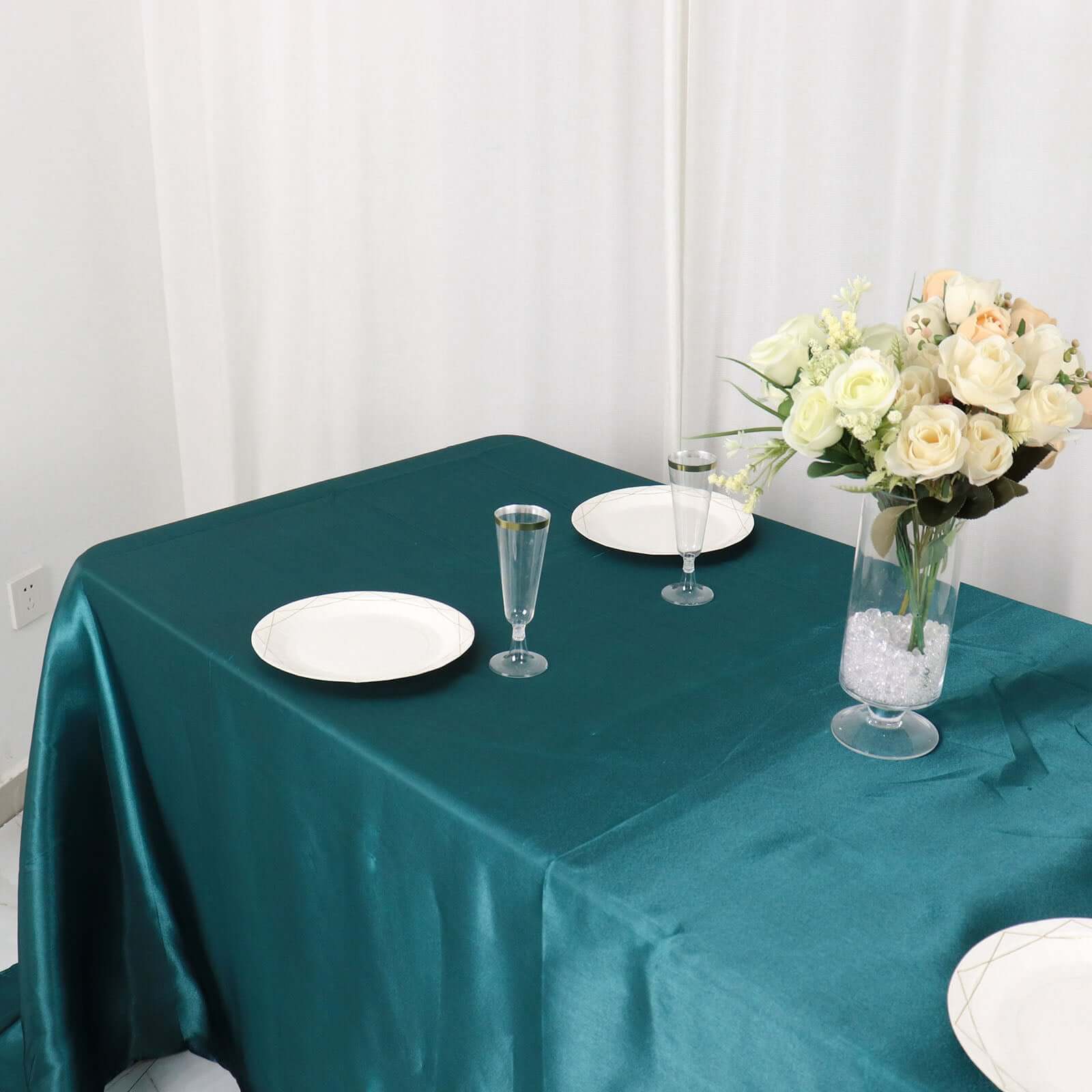 Satin Rectangular 90"x132" Tablecloth Peacock Teal - Seamless Table Cover