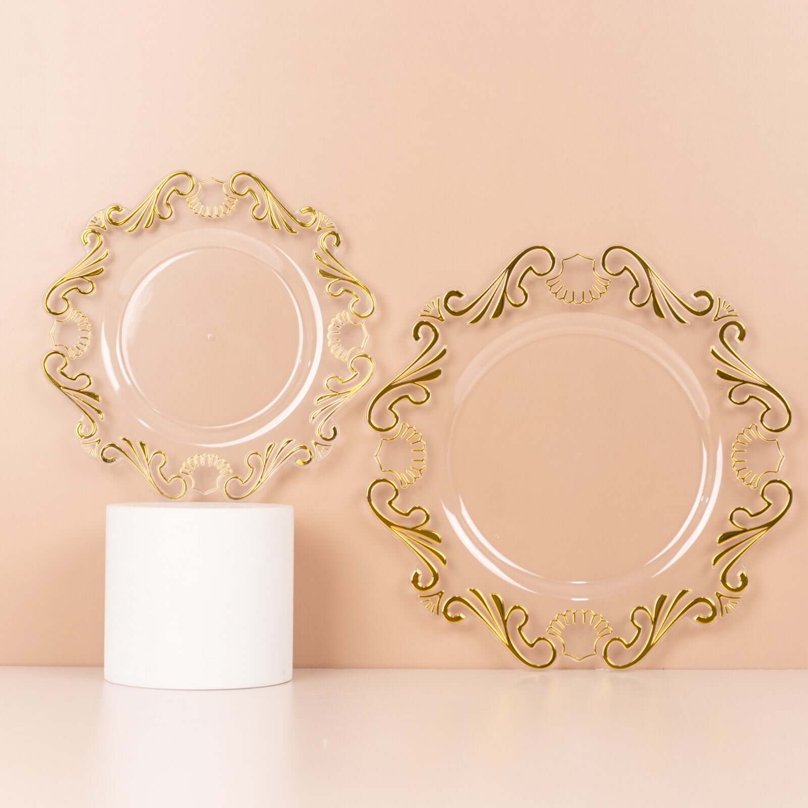 10-Pack Plastic 10" Round Dinner Plates in Clear with Gold Vintage Baroque Scalloped Rim - European Style Disposable Party Plates