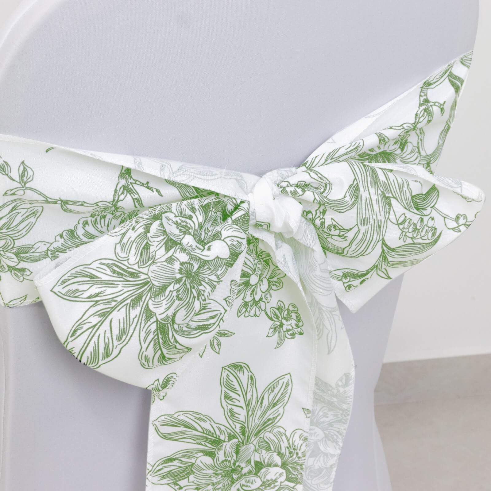 Polyester Chair Sashes White Dusty Sage Green French Toile Floral Design - Wrinkle-Resistant & Durable Chair Bows 6"x108"