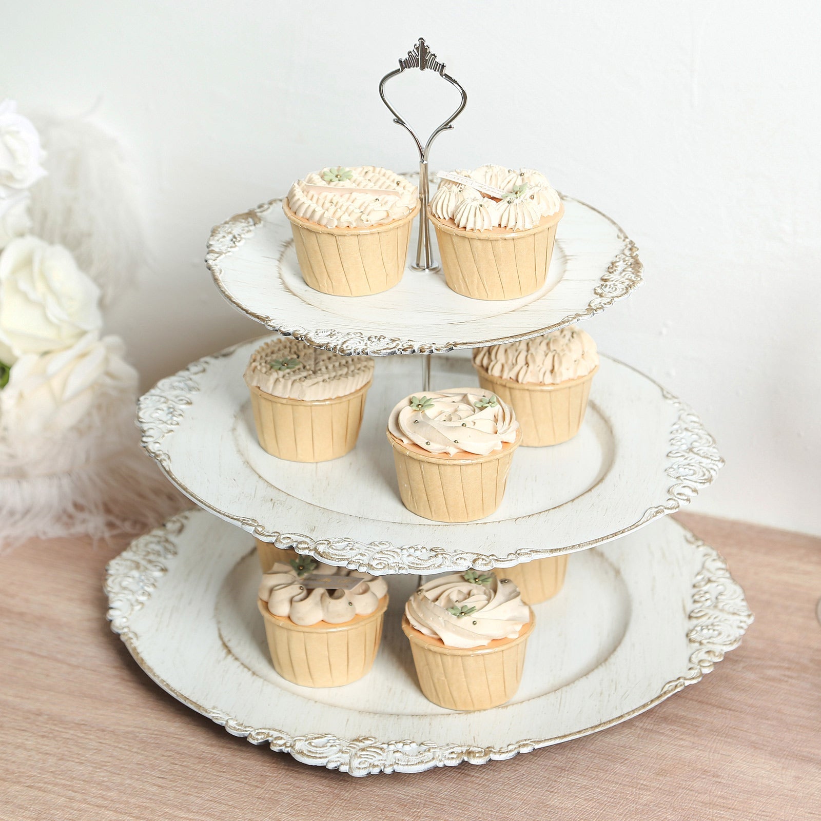 3-Tier Plastic Round Cupcake Stand Whitewashed with Antique Gold Baroque Rim & Top Handle 13"