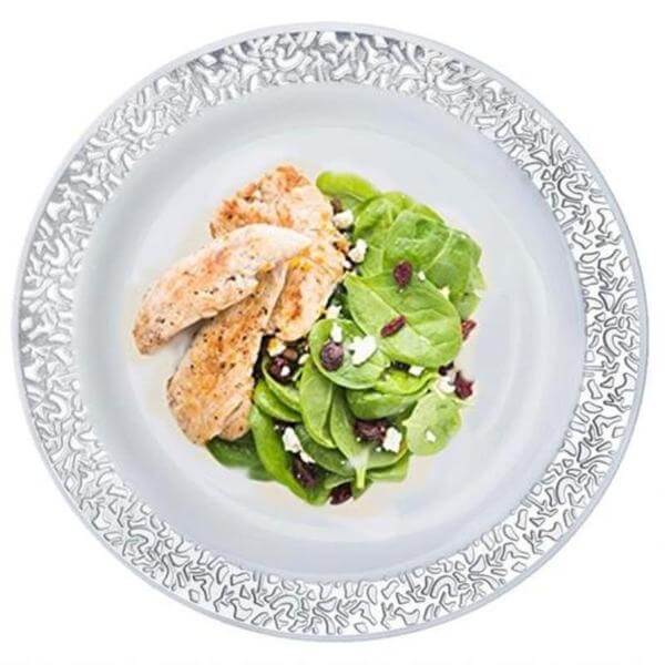 10-Pack Plastic Dinner Plates White with Fancy Silver Lace Rim - Stylish Disposable Plates for Events 10"