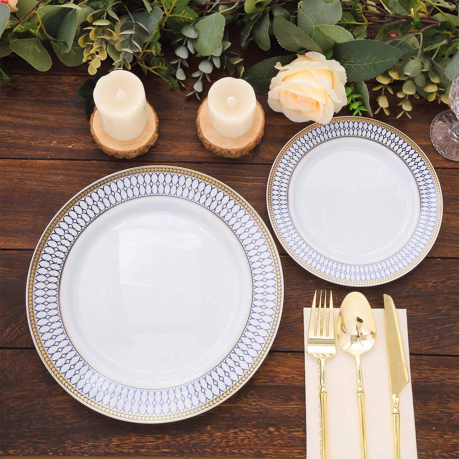 10-Pack Plastic 10" Round Dinner Plates in White with Gold Navy Blue Chord Rim - Renaissance Style Disposable Plates for Events & Banquets