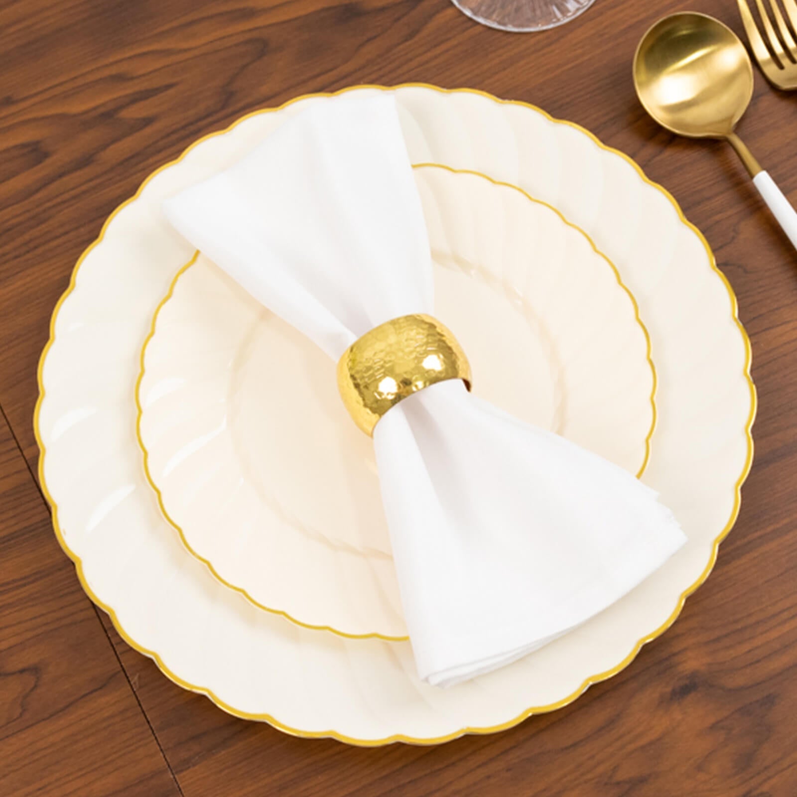 10-Pack Plastic 7.5" Round Salad Dessert Plates in Ivory with Gold Flair Rim - Disposable Party Plates