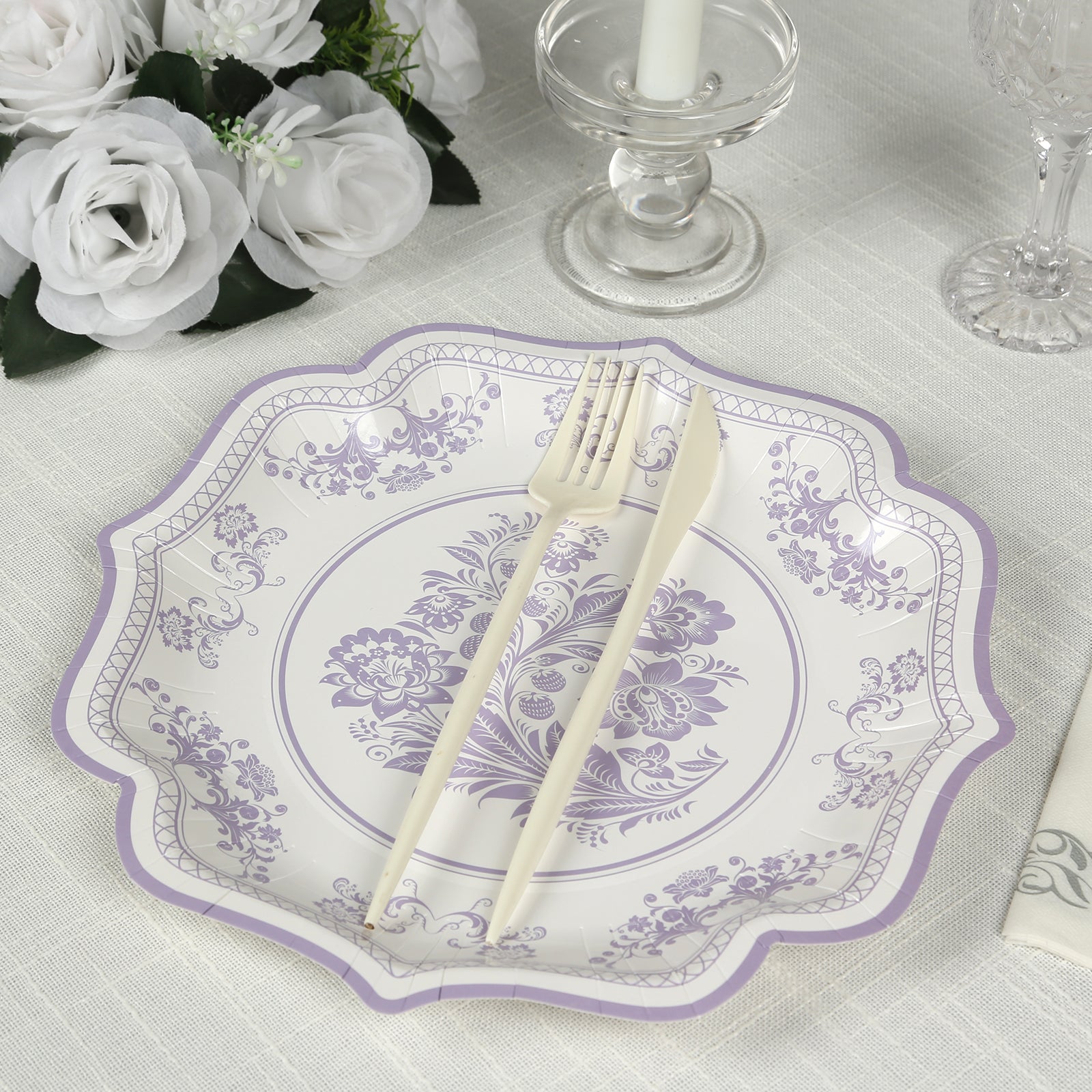 25-Pack Paper Dinner Plates in White Lavender Lilac Damask Floral Print & Scallop Rim - Stylish Disposable 300GSM Floral Party Plates 10"