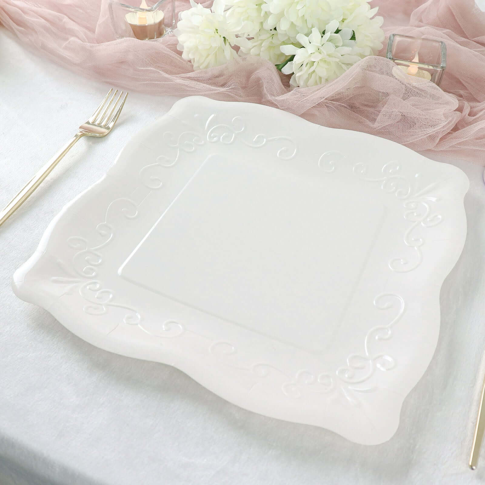 25-Pack Paper 11" Square Dinner Plates in White with Vintage Pottery Embossed Design - Shiny Disposable Serving Plates