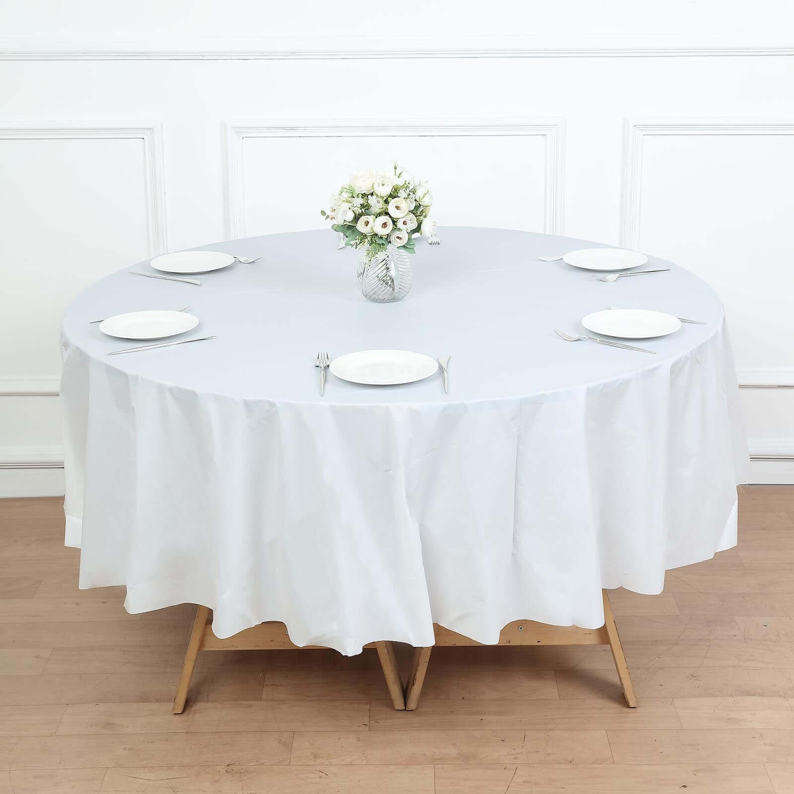 5-Pack Plastic Table Covers White Round - Durable PVC Disposable Tablecloths for Events 84"