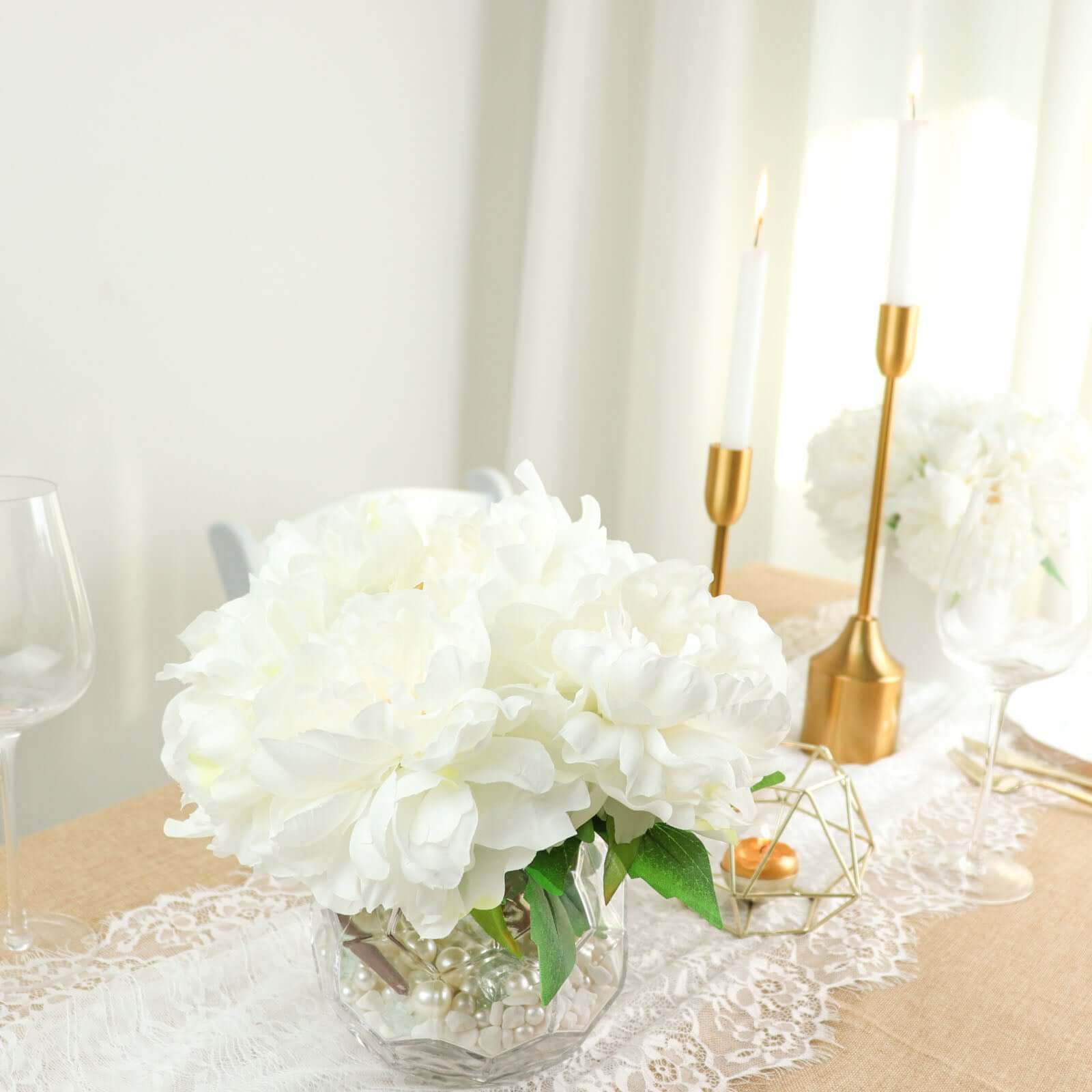 2 Bushes 17" White Artificial Silk Peony Flower Bouquets, Real Touch Peonies Spray