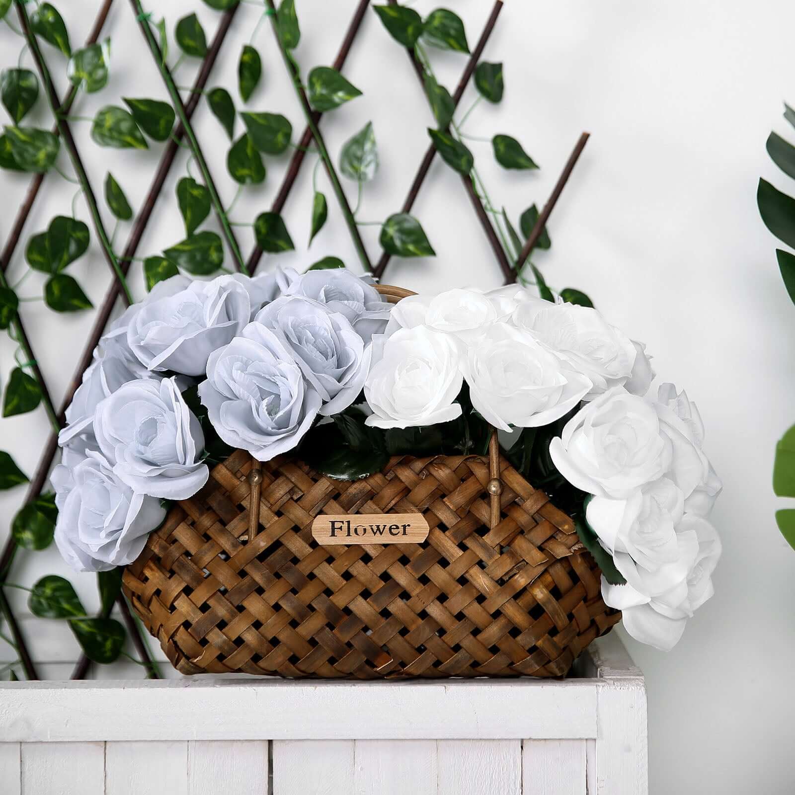 12" White Artificial Velvet-Like Fabric Rose Flower Bouquet Bush