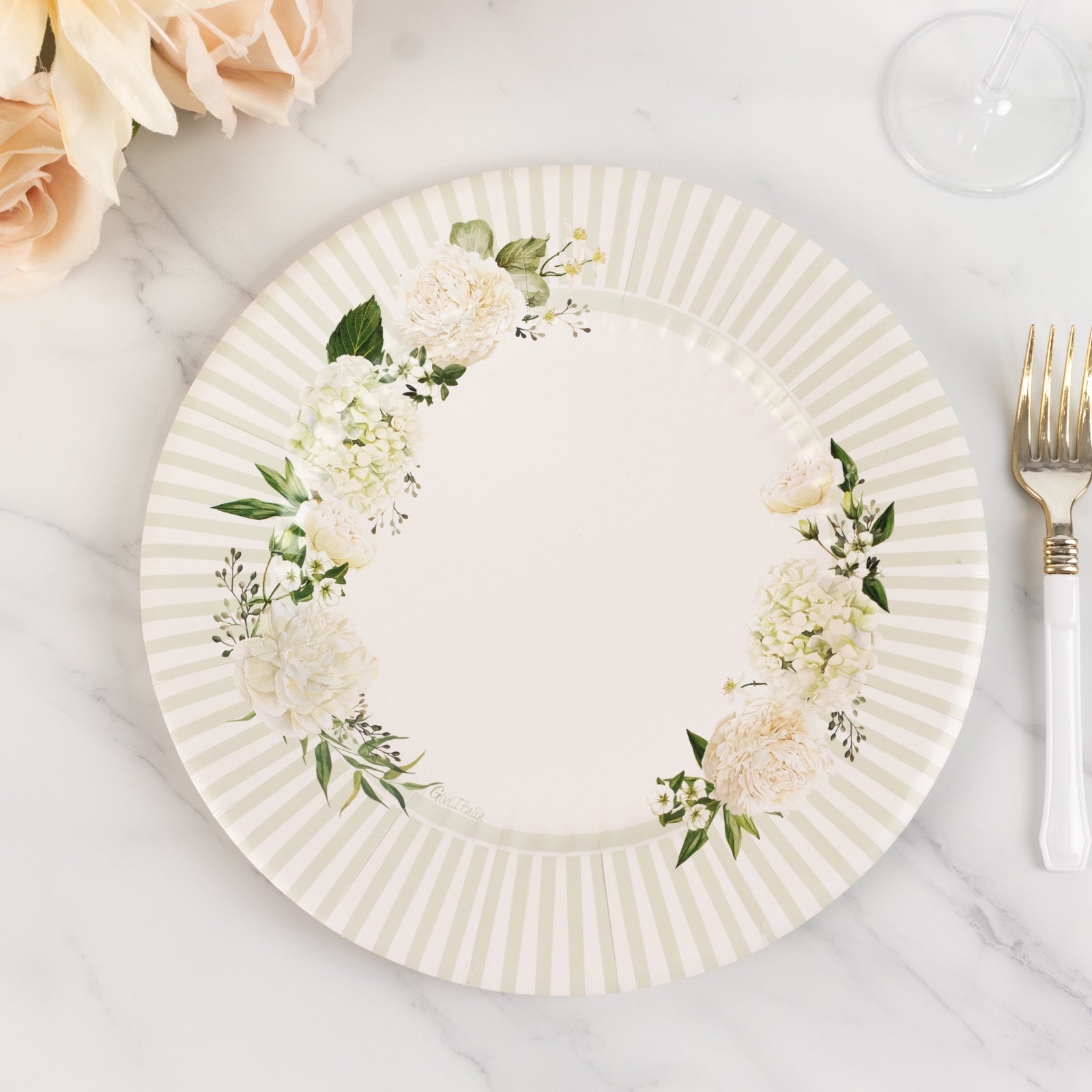 25-Pack Paper 10" Round Dinner Plates in White with Sage Green Floral Print & Lined Rim - Disposable Party Plates for Bridal Showers & Luncheons