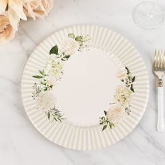 25-Pack Paper 10" Round Dinner Plates in White with Sage Green Floral Print & Lined Rim - Disposable Party Plates for Bridal Showers & Luncheons