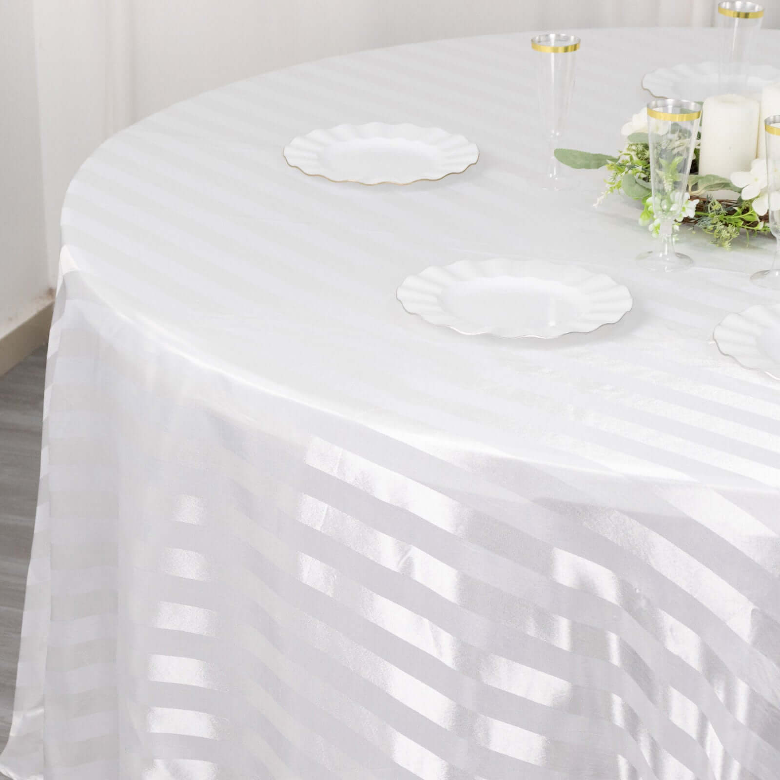 Satin Striped 120" Round Tablecloth White - Silky Smooth Seamless Wedding Decor