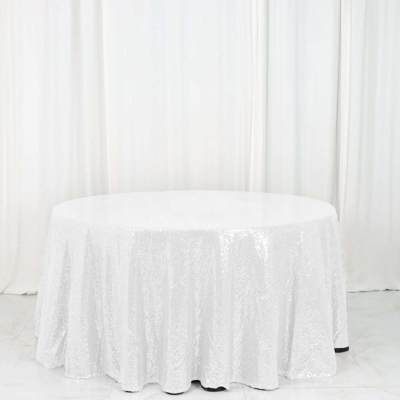 Sequin 120" Round Tablecloth White - Seamless Glittering Design for Sophisticated Events