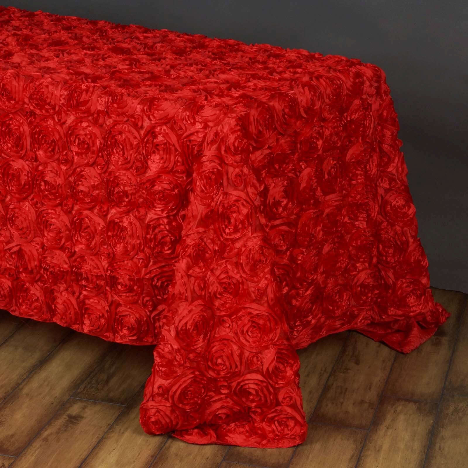 Satin 90"x156" Rectangle Tablecloth Red - Grandiose 3D Rosette Table Cover with Seamless Finish