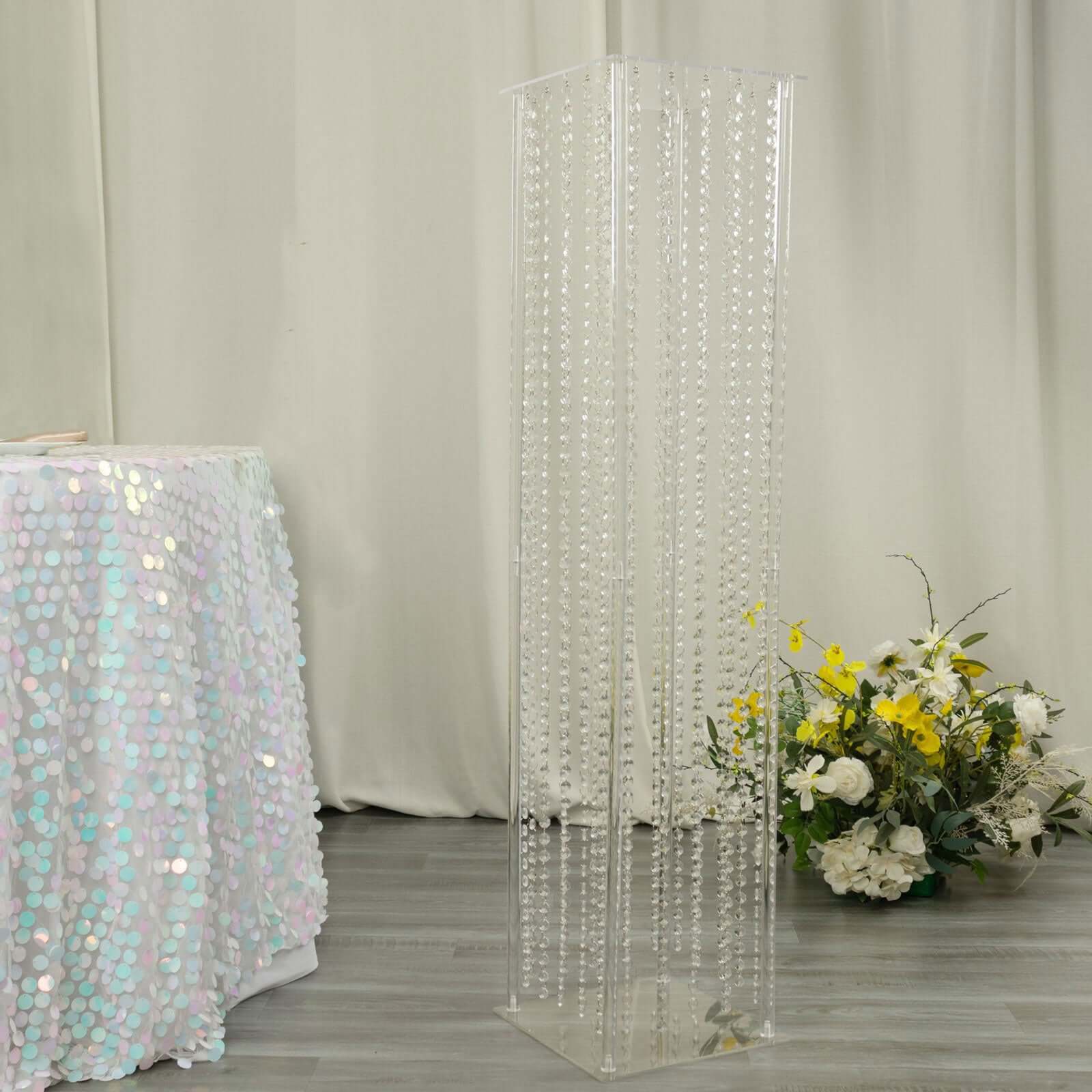 Acrylic Flower Pedestal Vase Pillar Stand with Crystal Beads Clear - Durable Wedding Floor Centerpiece for Large Displays 48"