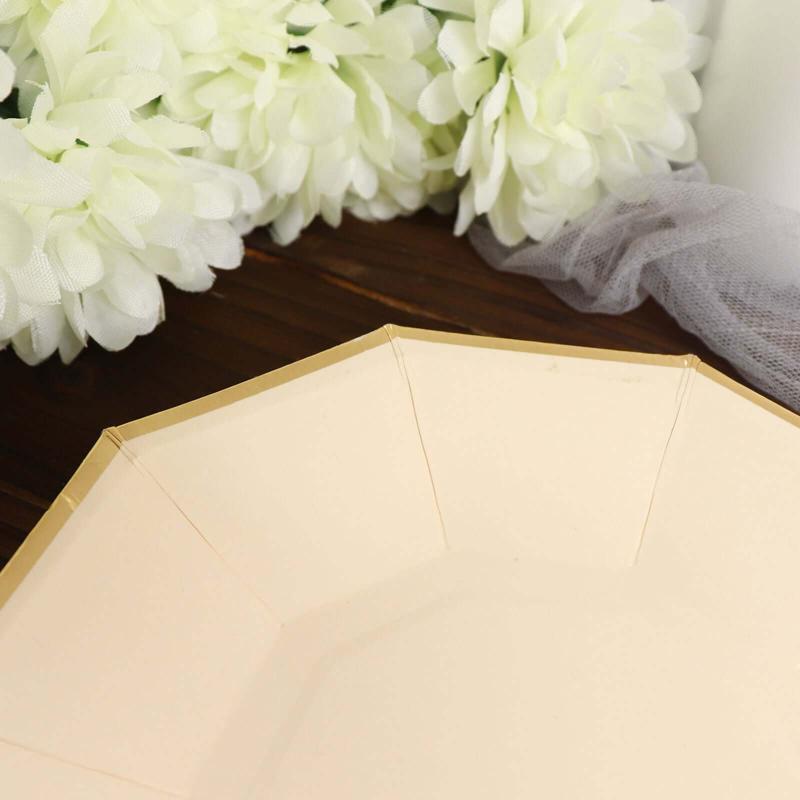 25-Pack Paper 7" Decagon Appetizer Plates in Beige with Gold Foil Rim