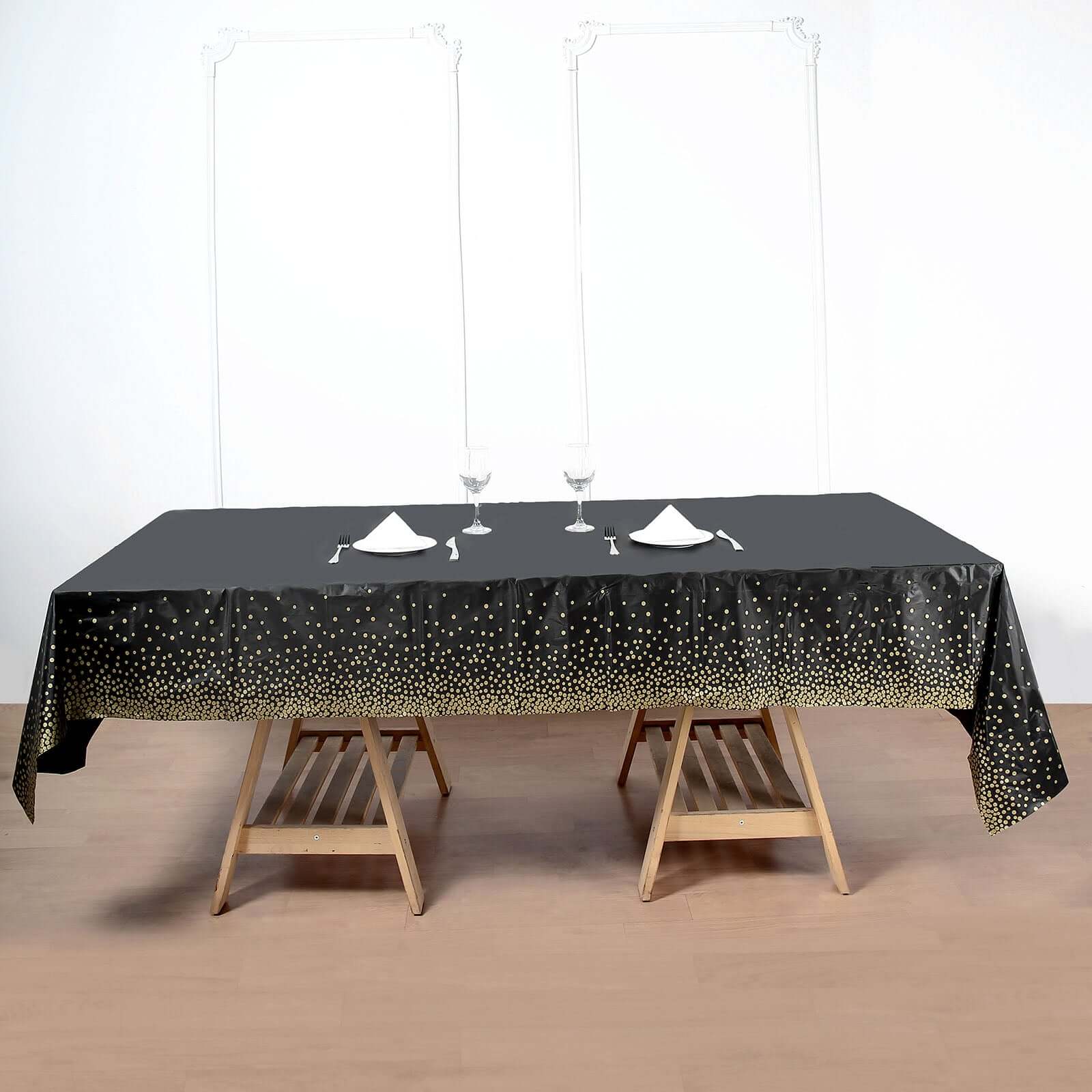 5-Pack Plastic Table Covers Black Rectangle with Gold Confetti Dots - Durable PVC Disposable Tablecloths for Events 54"x108"